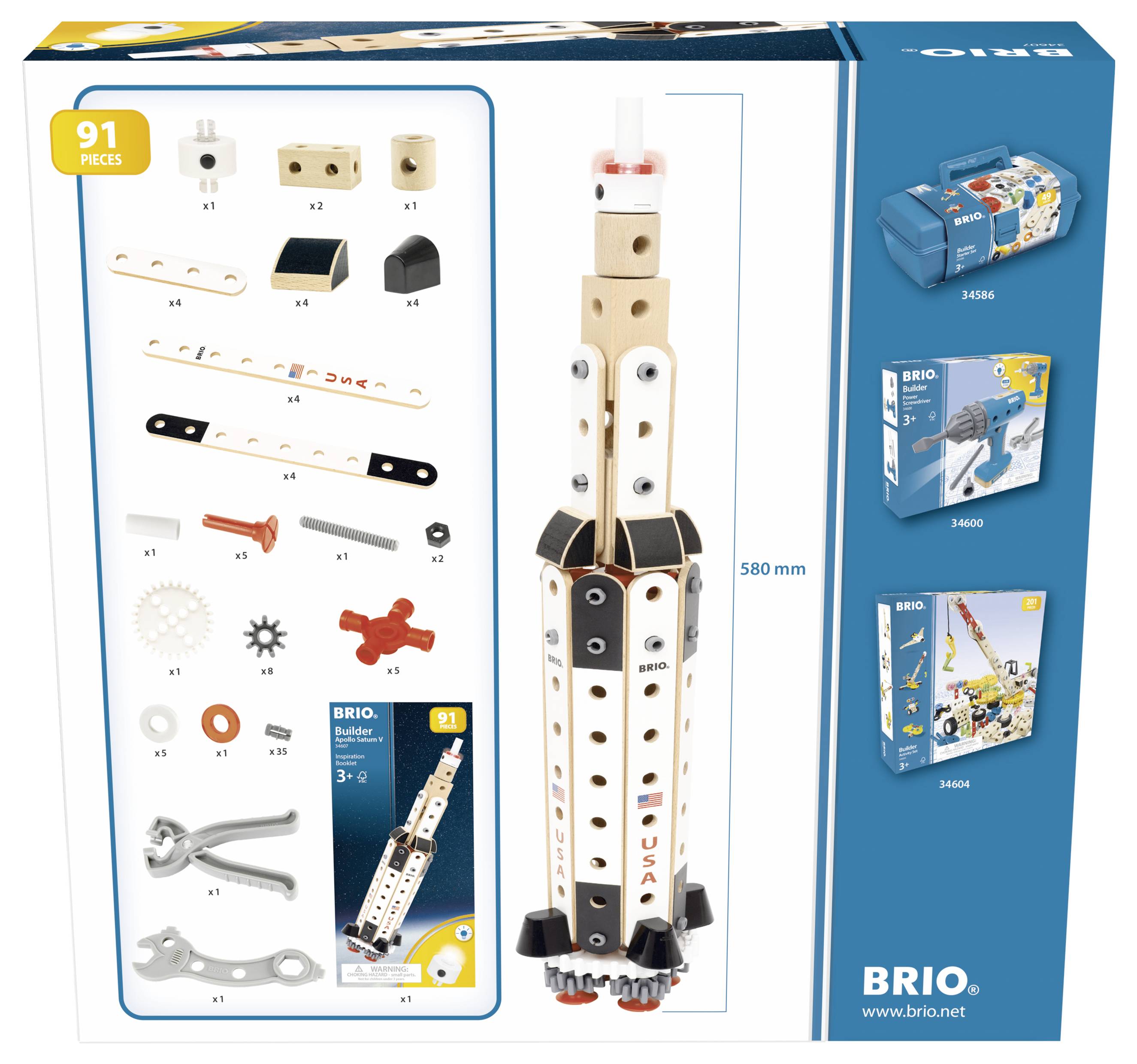 Stavebnice BRIO Builder Startovací sada s 91 díly, ukázkový postavený věž, jednotlivé díly a design obalu.
