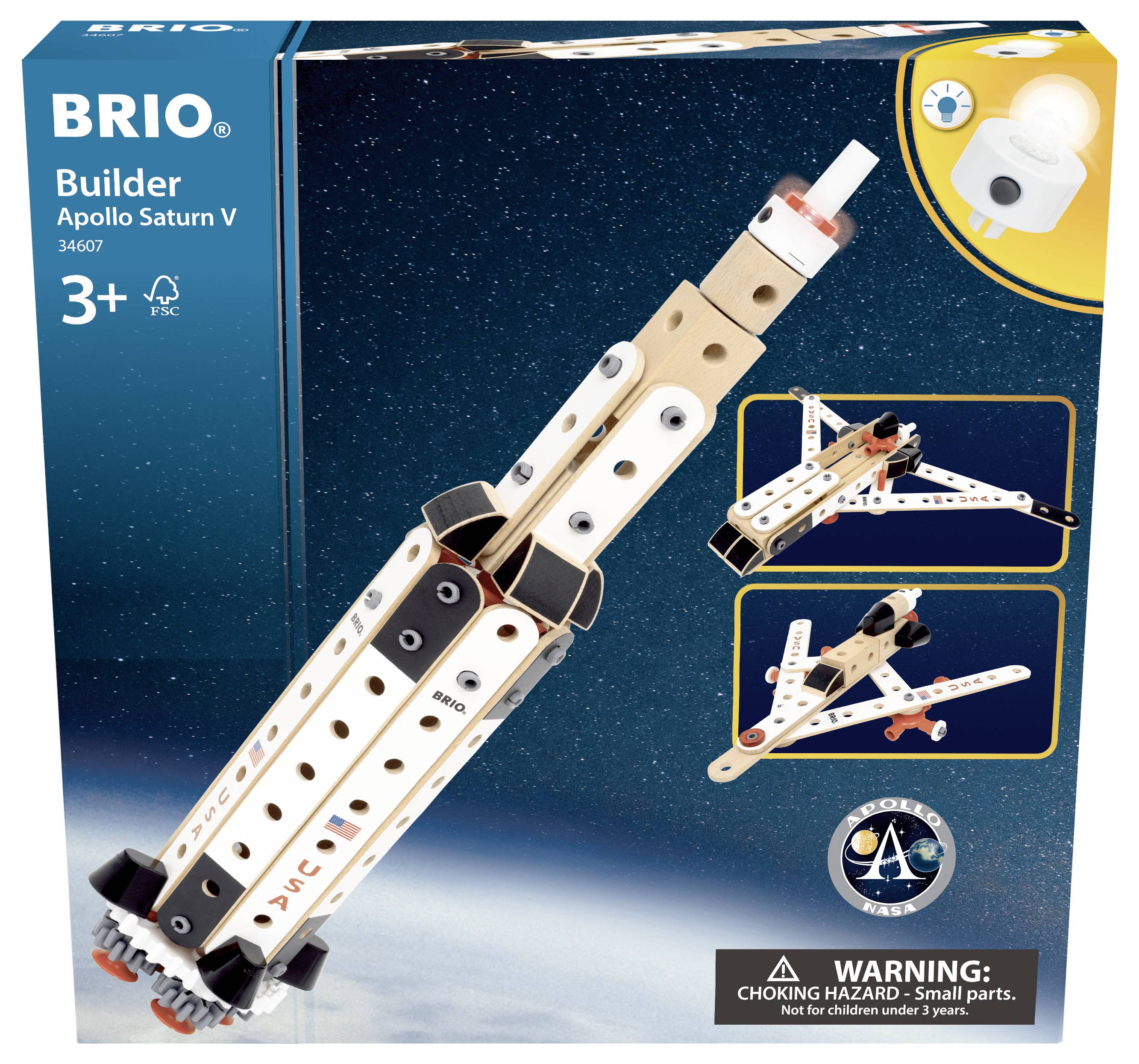 Stavebnice rakety 'Apollo Saturn V' od BRIA pro děti od 3 let. Obal zobrazuje hotový model se zaměřením na herní zábavu.