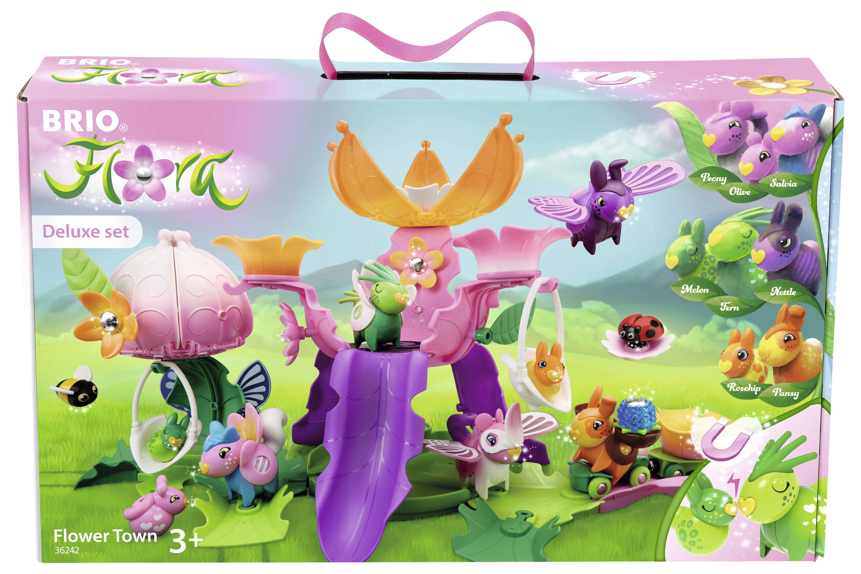 Sada hraček 'BRIO Flower Town Deluxe'. Obsahuje barevné květinové figurky a zvířátka. Doporučeno pro děti od 3 let. Obal ukazuje veselé designové motivy.