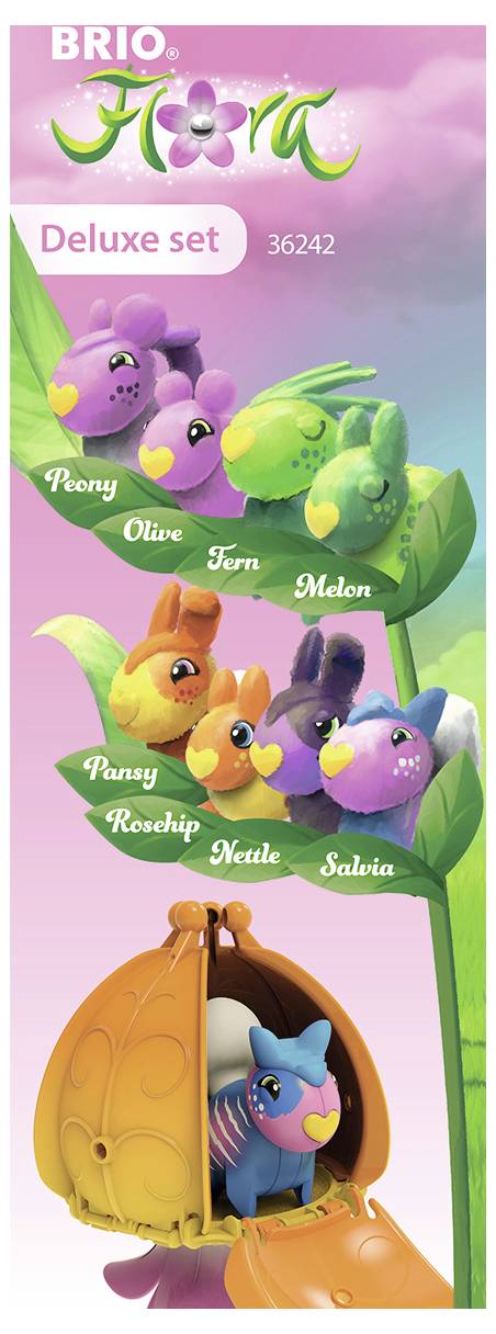 'BRIO Flora Deluxe Set, 36242, šest barevných ptačích herních figurek s názvy: Pivoňka, Oliva, Kapradina, Meloun, Violka, Šípek, Kopřiva, Šalvěj.'