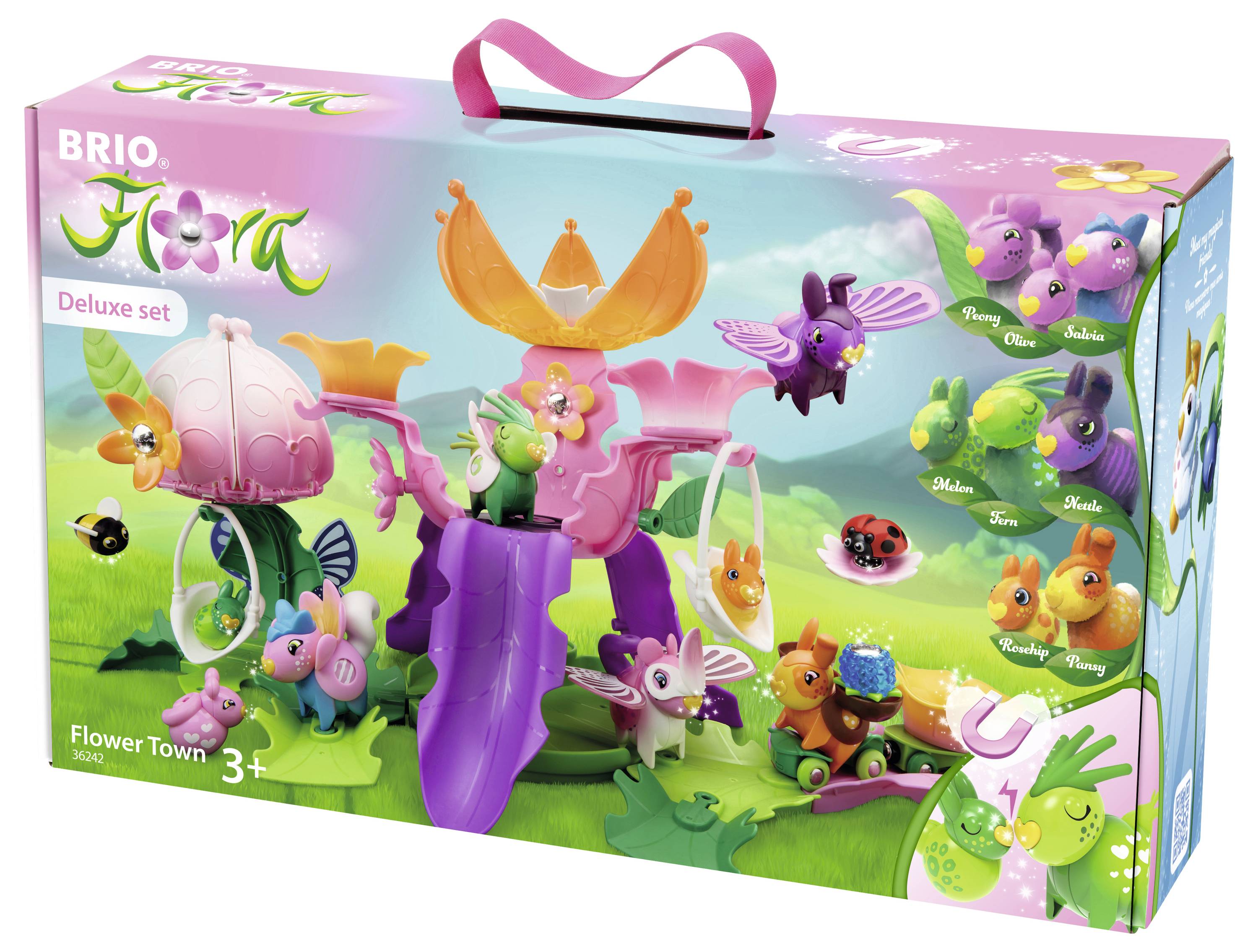 Sada hraček 'Flora Flower Town' pro děti od 3 let. Obsahuje barevné fantazijní květiny a zvířecí figurky určené ke skládání a hraní.