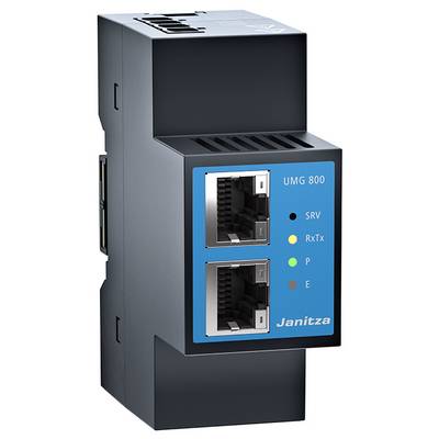 Elektronické zařízení se dvěma ethernetovými porty, s modrým štítkem 'Janitza UMG 800'. Stavové indikátory pro SRV, RxTx, P, E.