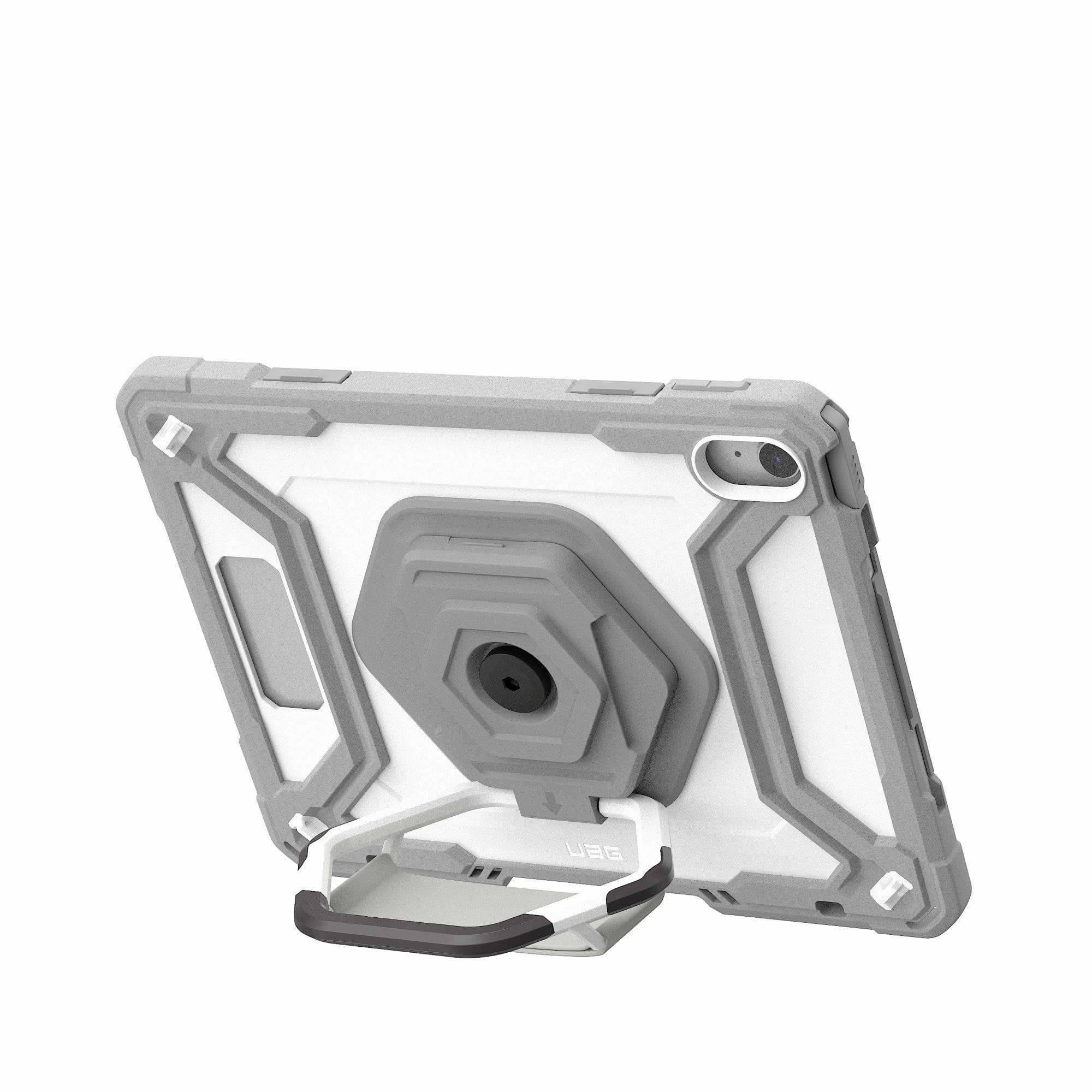 Robustní pouzdro na tablet s integrovaným stojánkem, poskytuje ochranu a stabilitu pro zařízení, obzvláště užitečné pro práci bez použití rukou.
