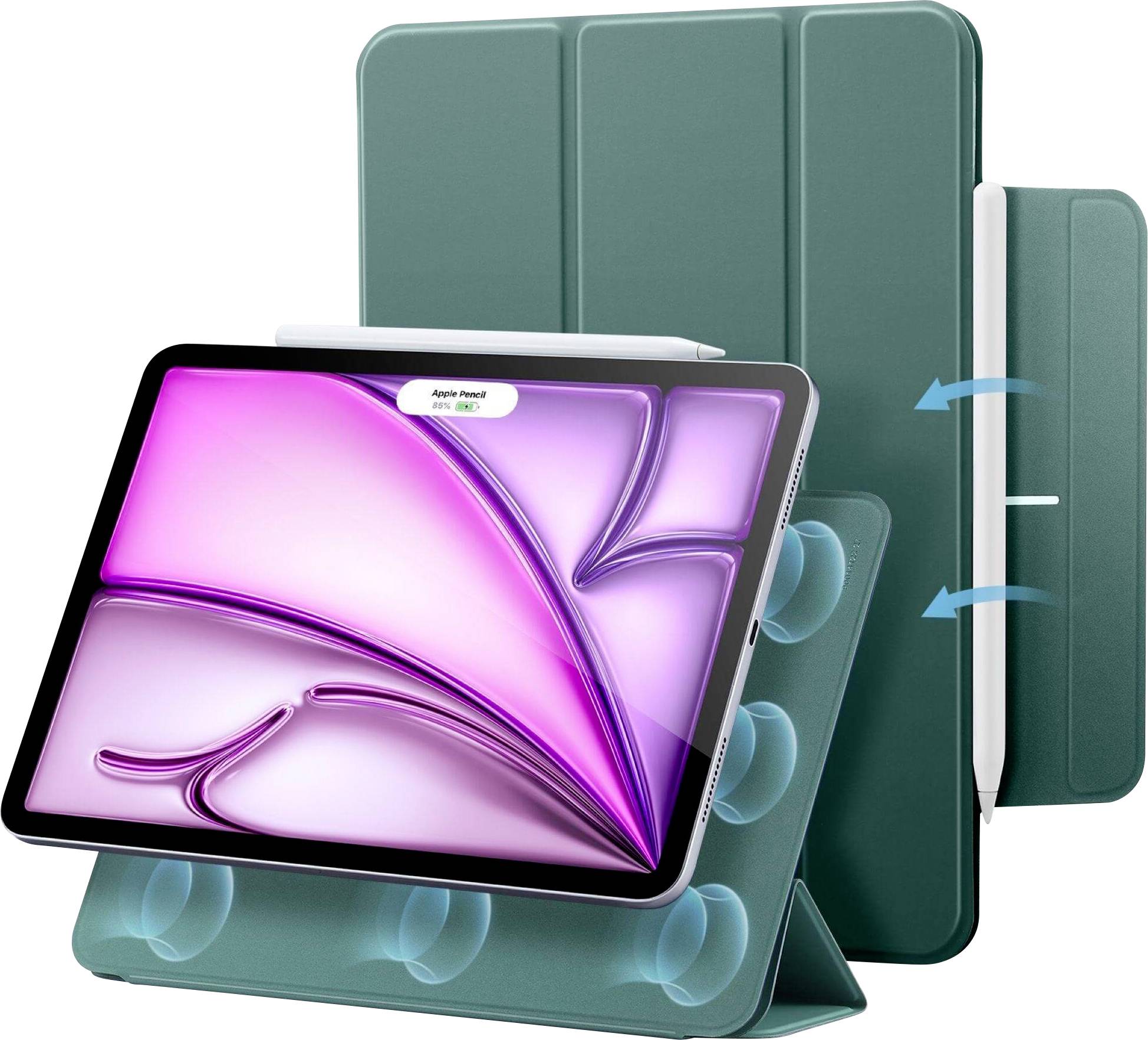 Tablet v zelené obalu s držákem na pero, vzpřímeně umístěný na skládacím stojanu. Obrazovka zobrazuje abstraktní fialový vzor.