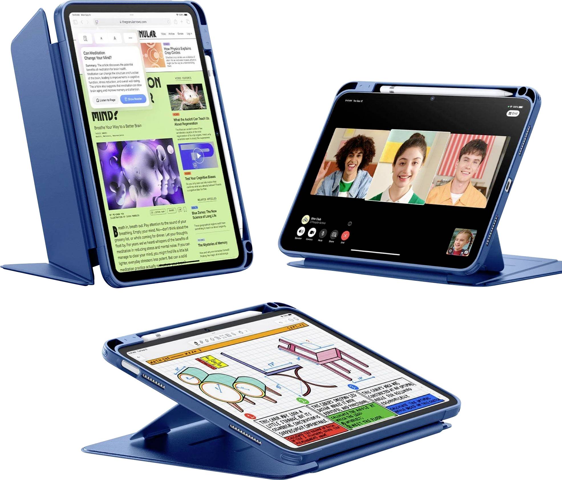 Tři tablety v modrých obalech, jeden zobrazuje webové stránky s novinkami, druhý videohovor a třetí grafický kreslicí software.