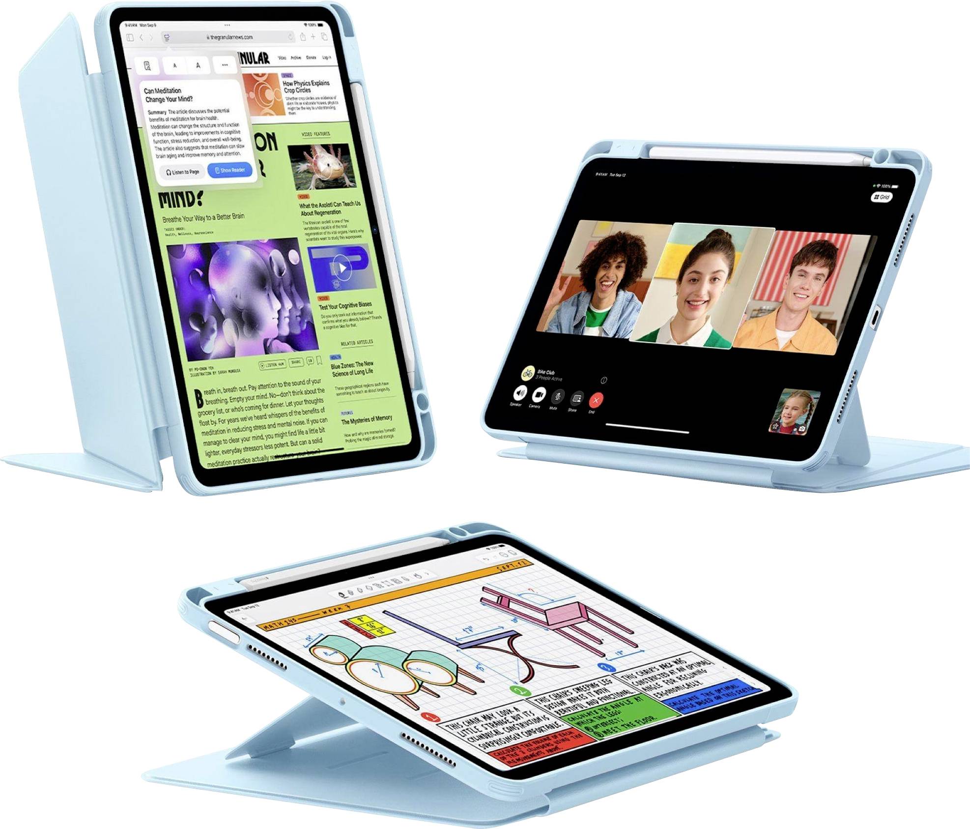 Tři modré stojany na tablety drží tablety v různých úhlech. Jeden tablet zobrazuje aplikaci pro videohovory, druhý webovou stránku.
