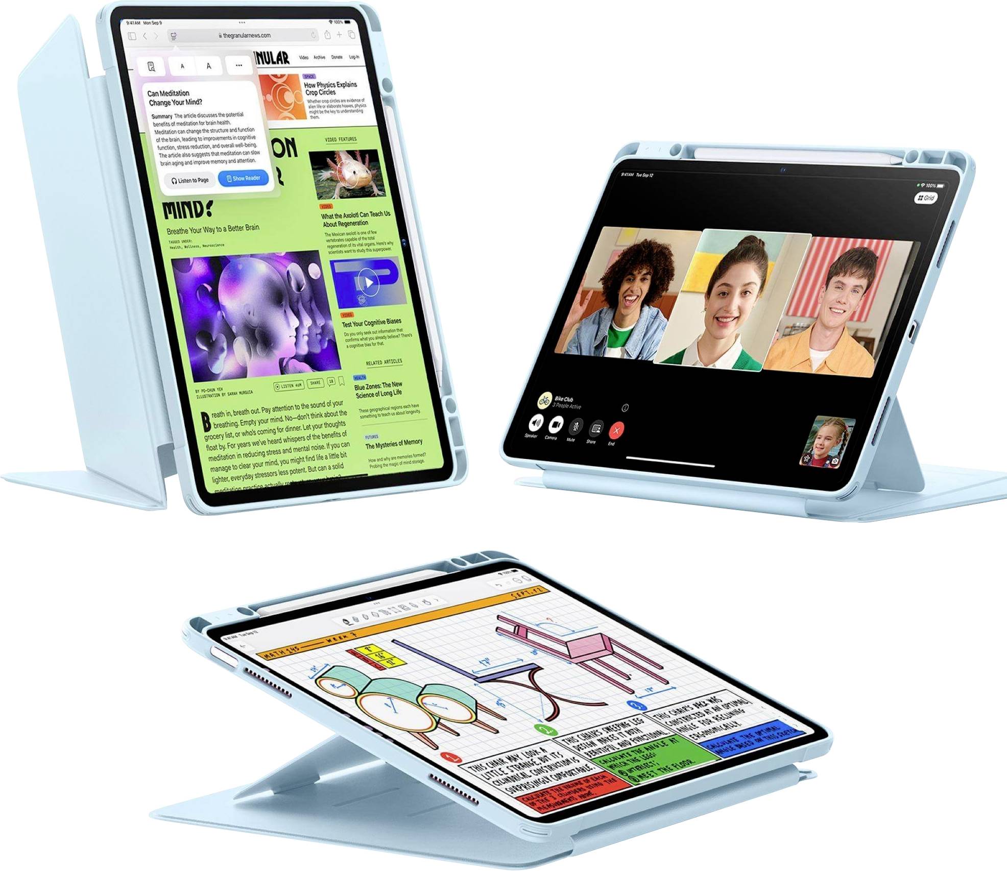 Tablet zobrazuje aplikaci pro videohovory se třemi osobami na obrazovce. Další tablety ukazují webové stránky a kreslicí aplikaci.