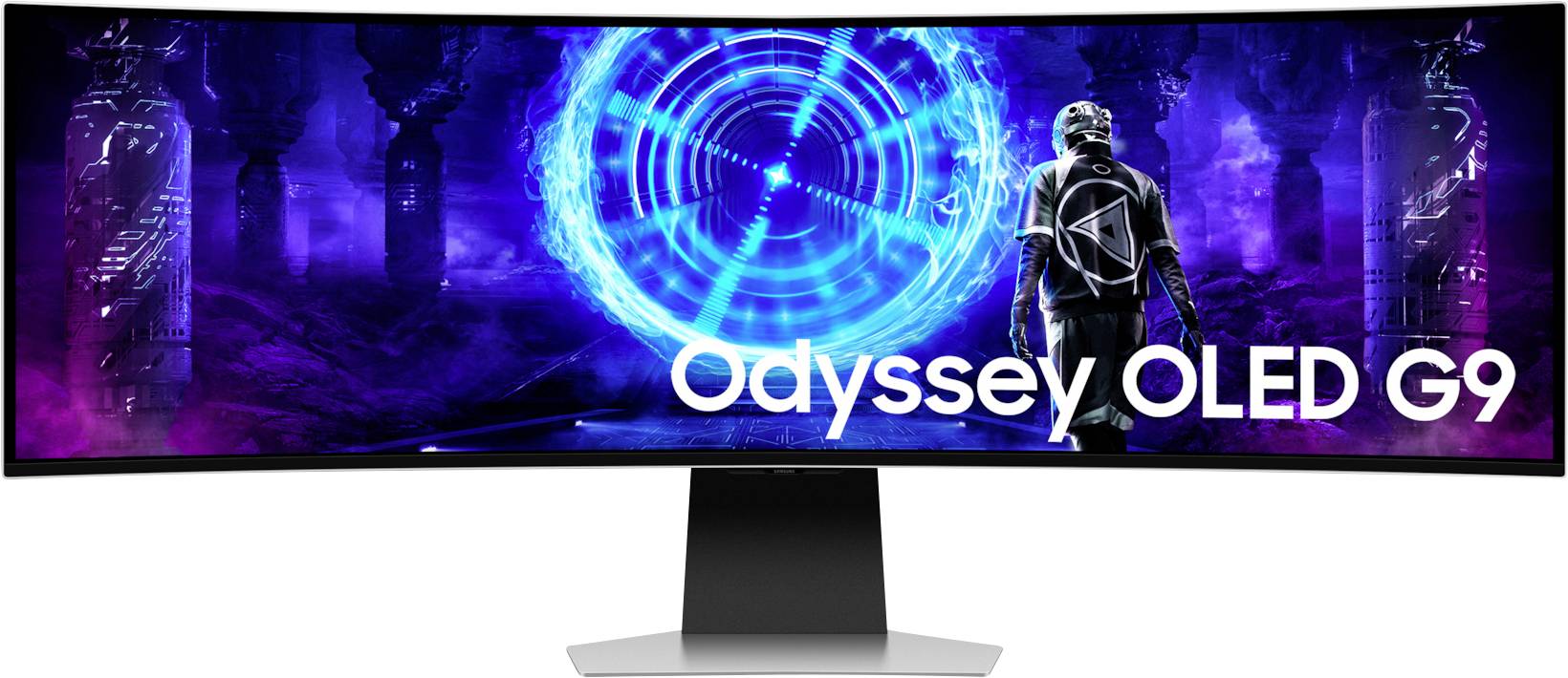 Široký zakřivený monitor zobrazuje sci-fi motiv s modrými světly a postavou v futuristickém oblečení. Text: 'Odyssey OLED G9'.