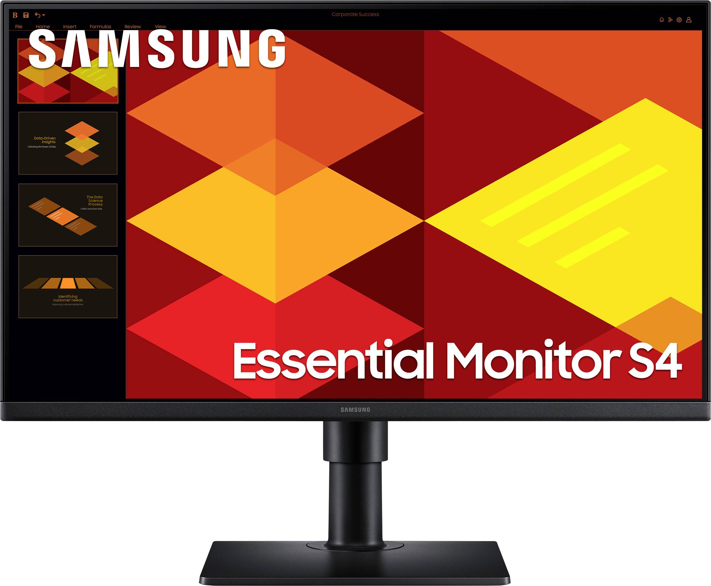 Monitor Samsung zobrazuje pestré geometrické tvary. Text na obrazovce: 'Essential Monitor S4'.