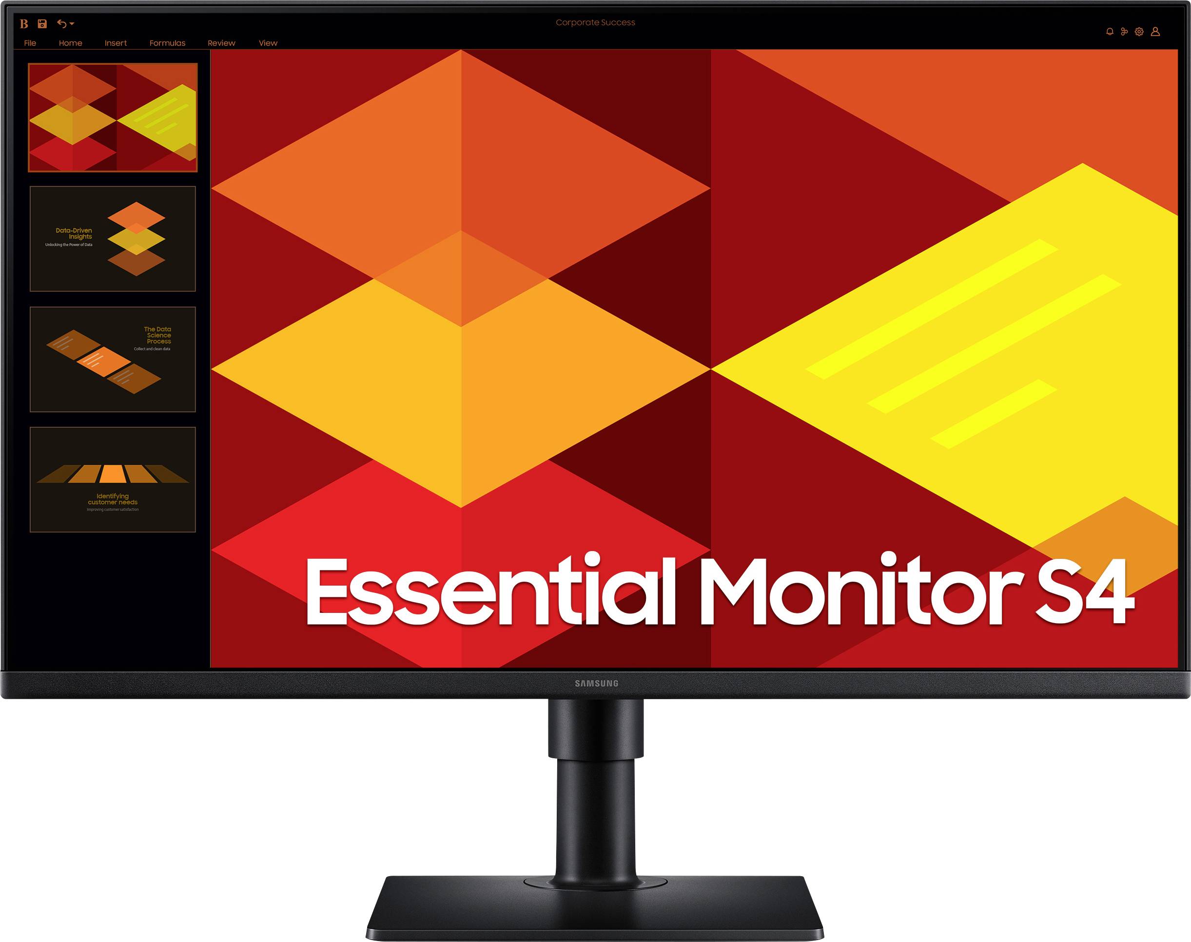 Počítačový monitor s osvětleným geometrickým vzorem v červených a žlutých tónech a textem 'Essential Monitor S4'. Vlevo miniaturní náhled.