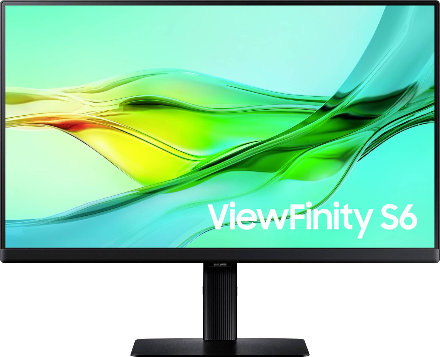 Počítačový monitor s živým zeleno-modrým pozadím a nápisem 'ViewFinity S6'.