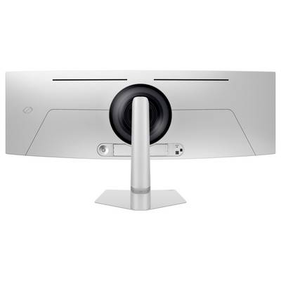 Pohled zezadu na ultraširoký, zakřivený počítačový monitor umístěný na stojanu. Monitor je navržen v moderním, minimalistickém stylu.