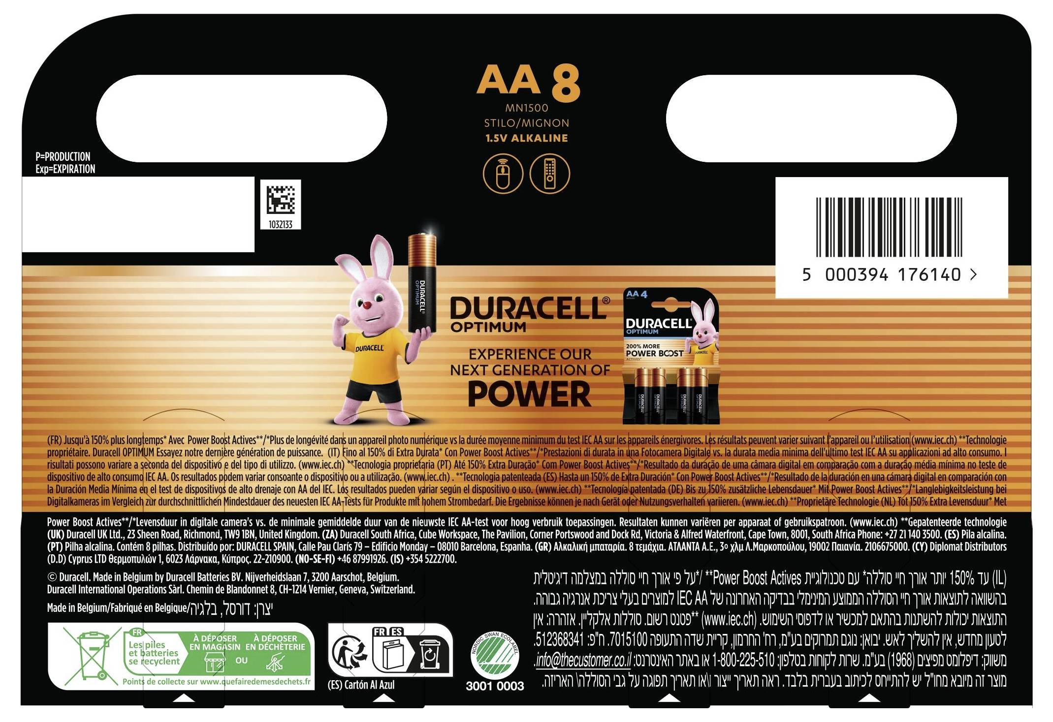 Balení "Duracell Optimum AA 8-pack" s růžovým maskotkem králíka a osmi bateriemi AA, se sloganem "Zažijte naši další generaci výkonu."