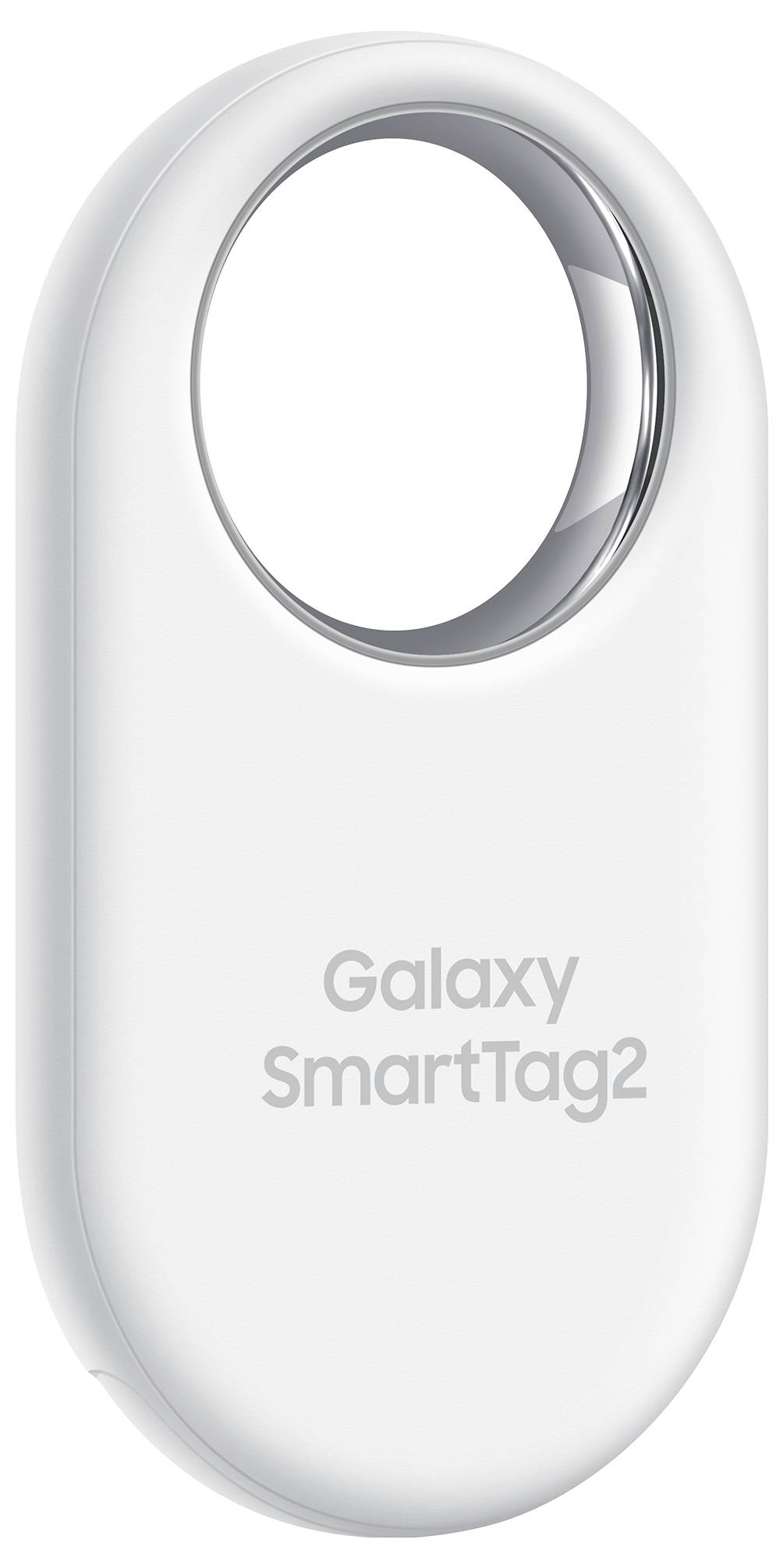 Bílý lokalizační štítek Galaxy SmartTag2 s oblým designem a otvorem pro připevnění k předmětům.