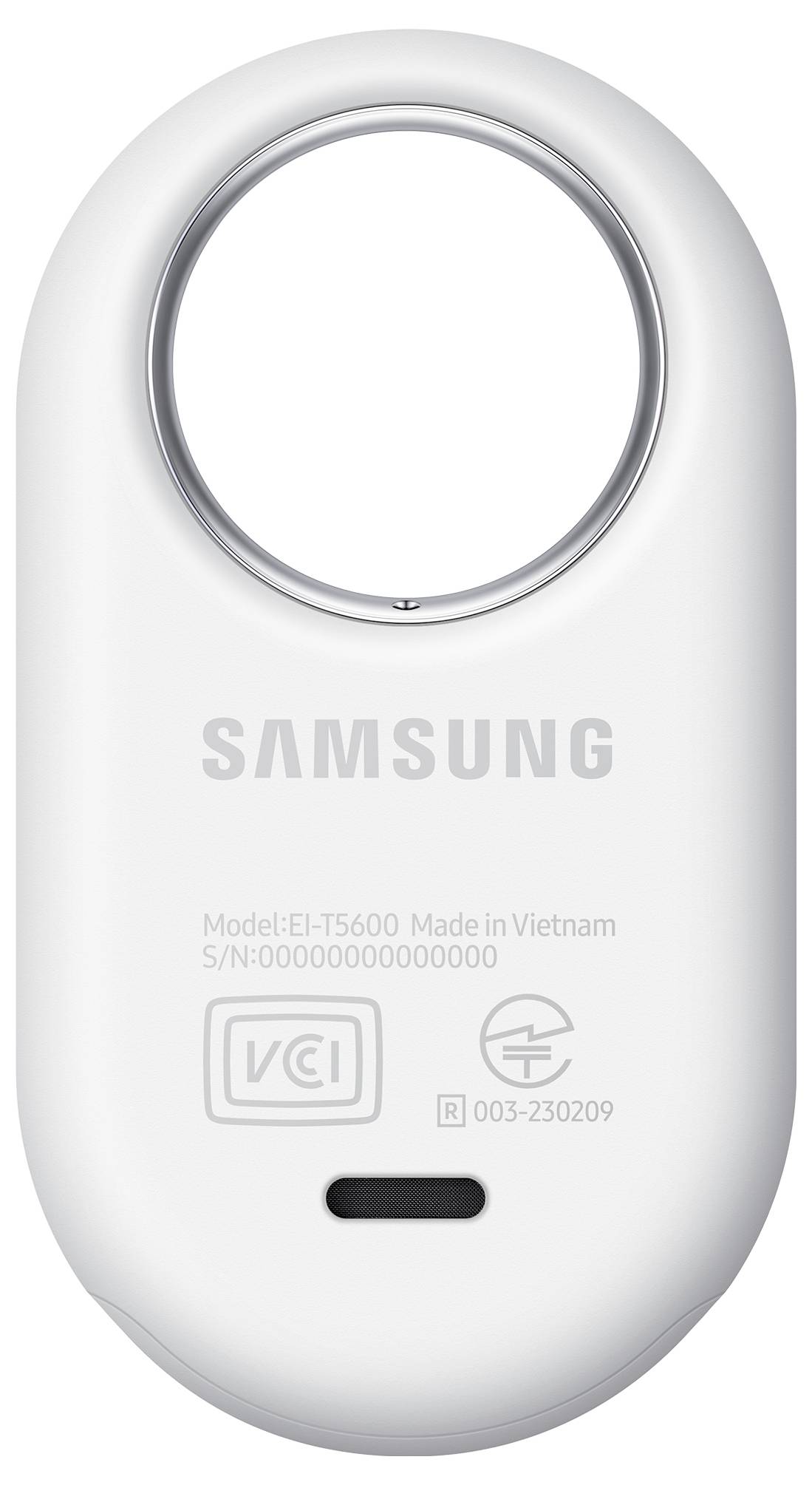Bílé elektronické zařízení Samsung s kruhovým otvorem v horní části. Text obsahuje model 'EI-T5600' a 'Vyrobeno ve Vietnamu'.