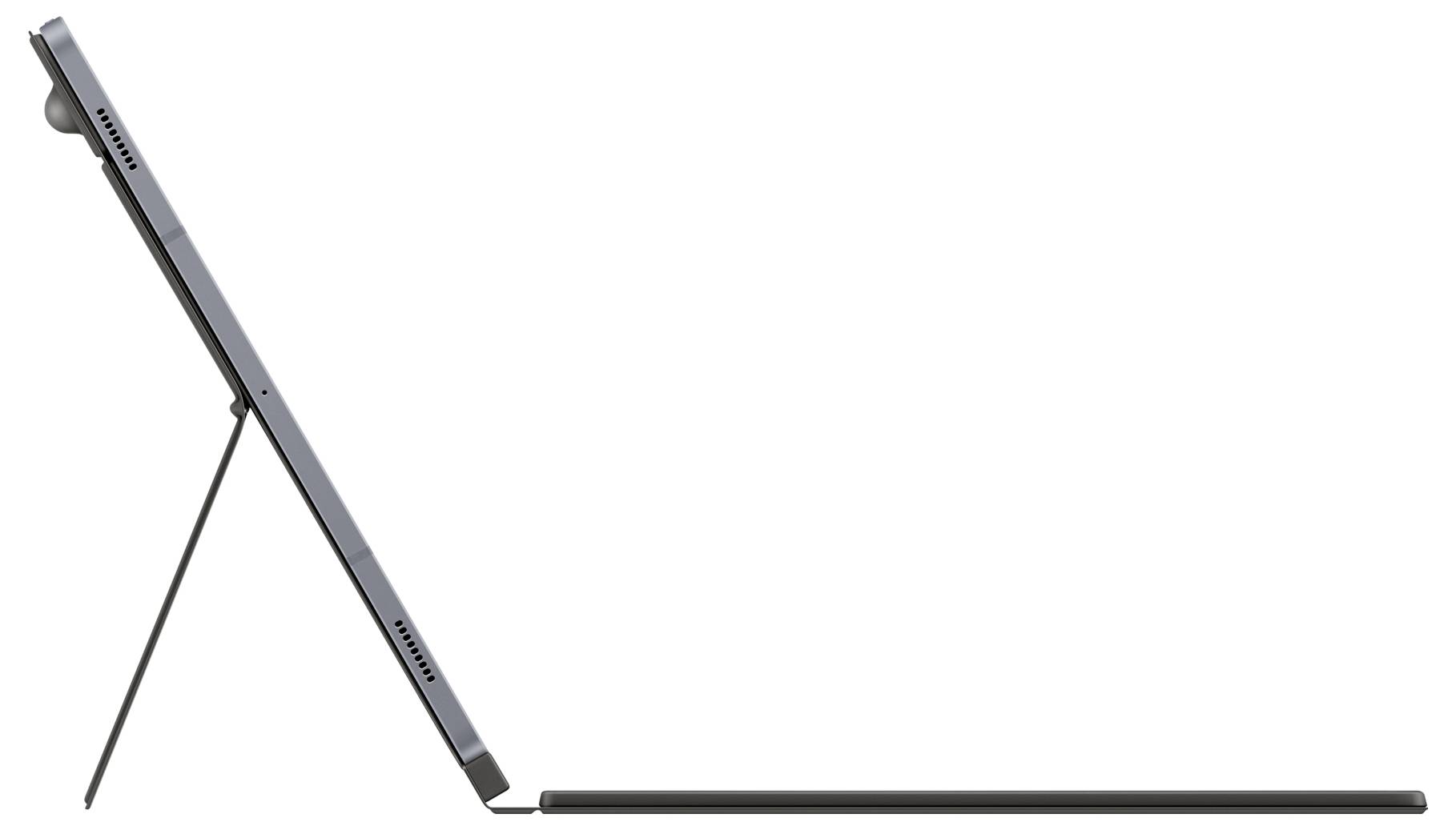 Boční pohled na tablet umístěný na stojanu, který zobrazuje jeho štíhlý profil a odnímatelnou klávesnici, vhodný pro všestranné počítačové použití.