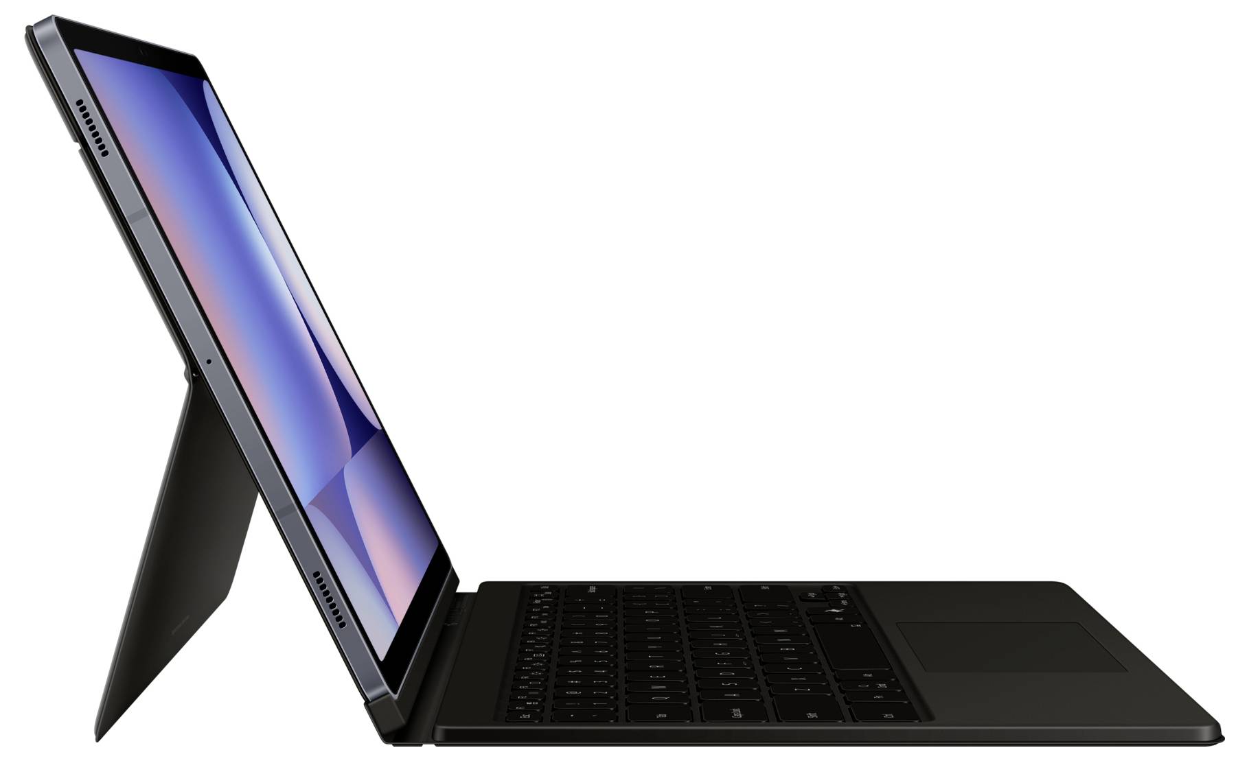Boční pohled na elegantní, odpojitelný tablet-notebook s podpěrnou nohou, skloněnou obrazovkou a klávesnicí, který ukazuje jeho moderní design a všestrannost.