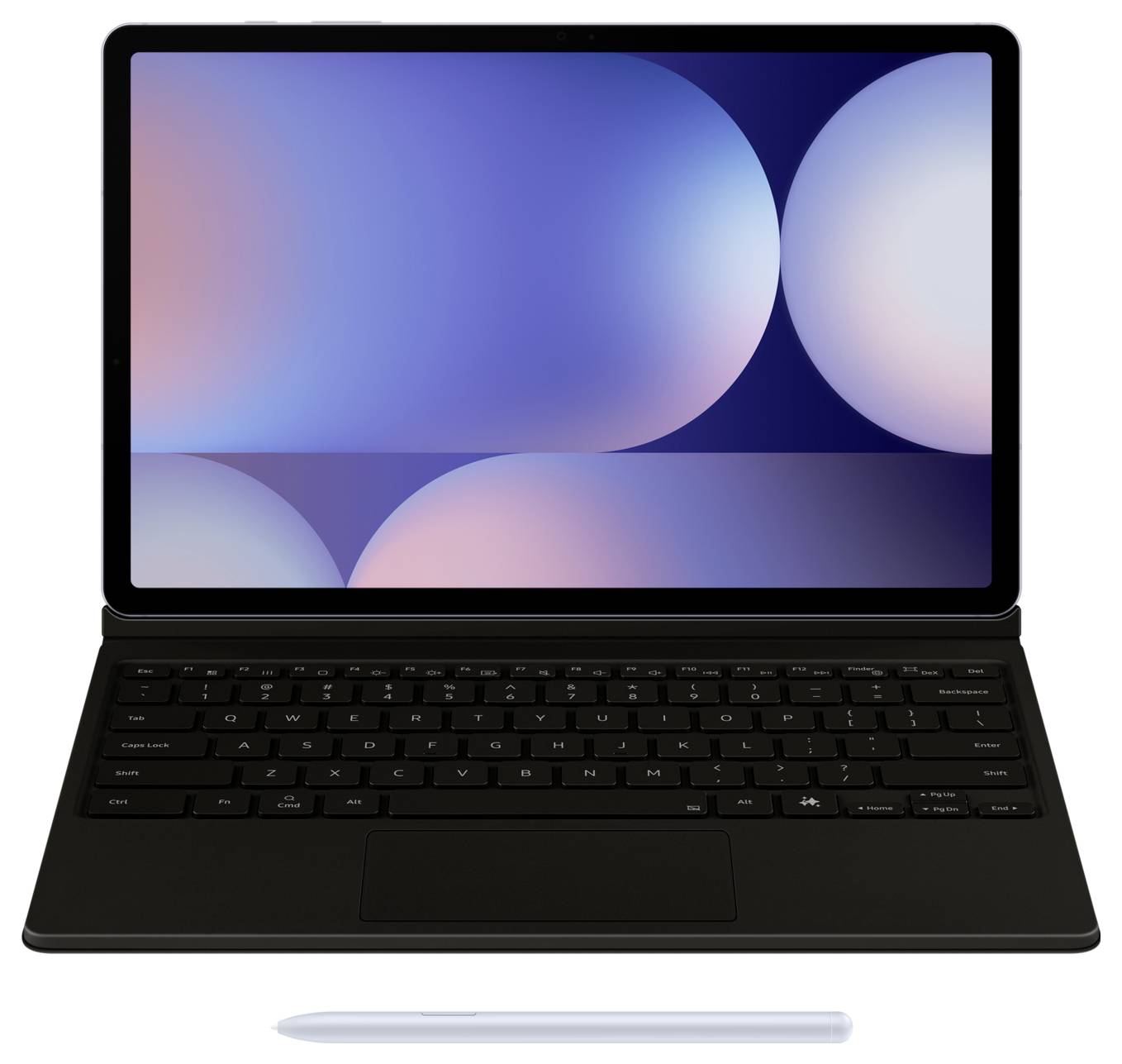 Tablet s klávesnicí a stylusem, zobrazující barevnou abstraktní tapetu s kruhovými tvary.