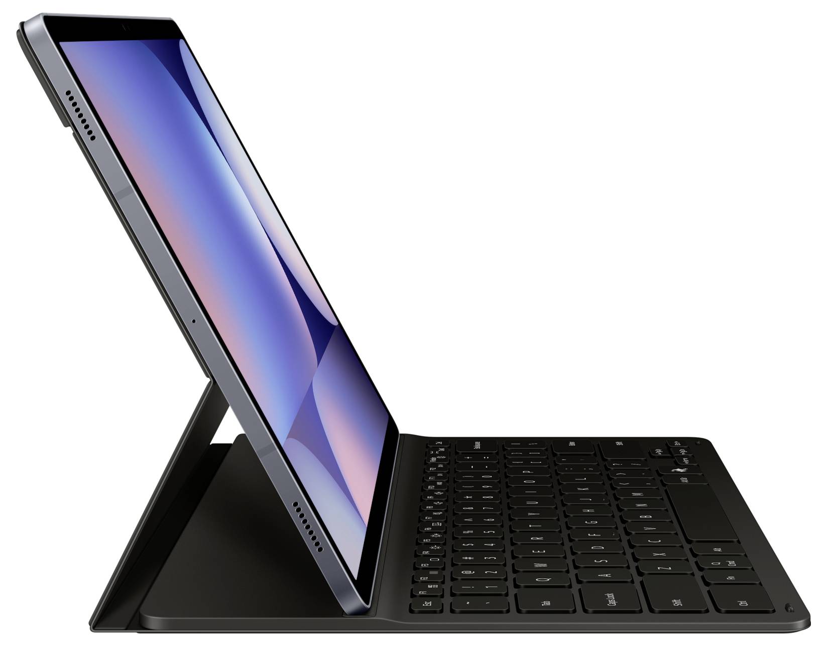 Tablet s klávesnicovou ochranou v bočním pohledu, zobrazující barevný displej.