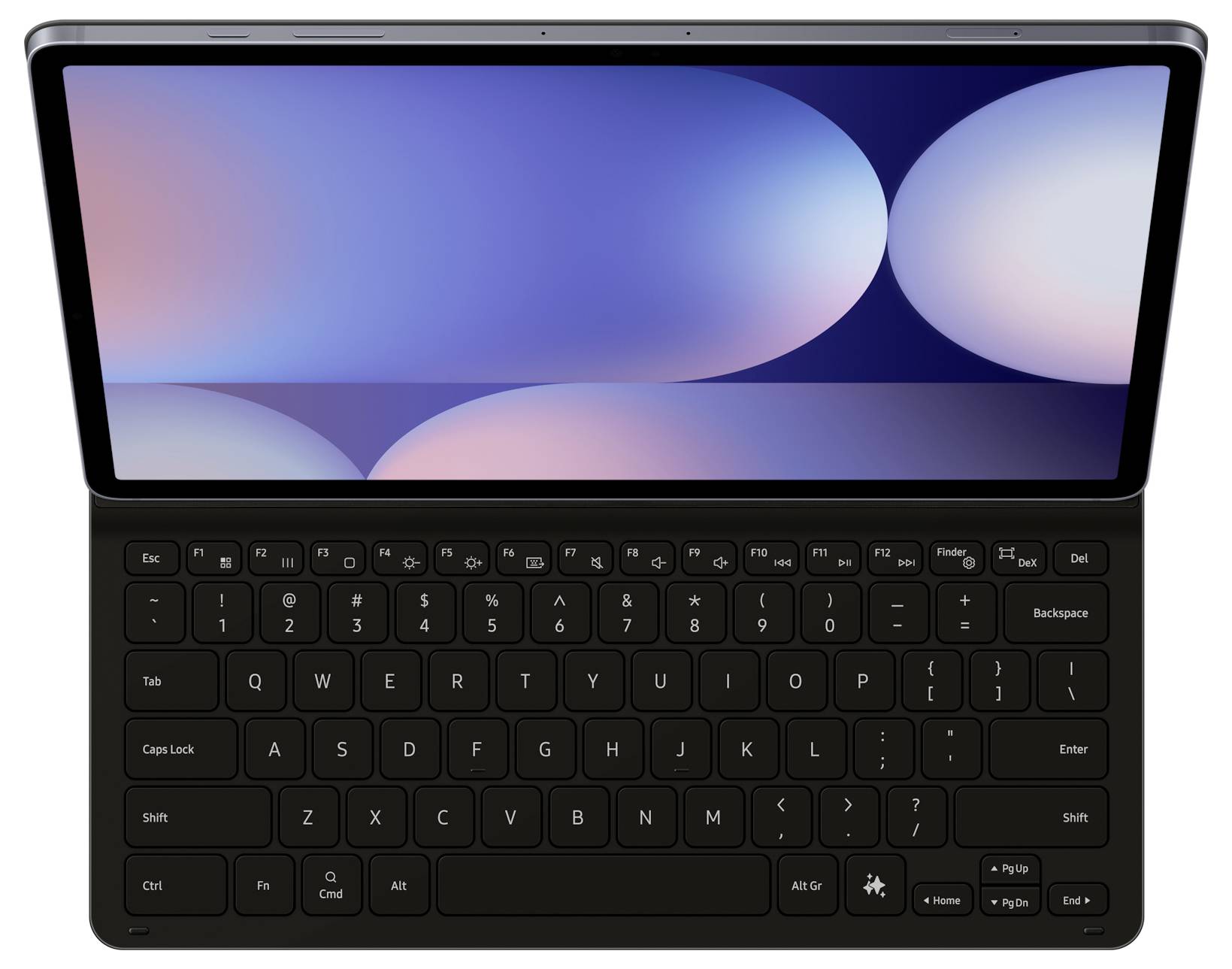 Tablet s připojenou klávesnicí zobrazující překrývající se kruhy na obrazovce, umístěný na měkkém gradientním pozadí.