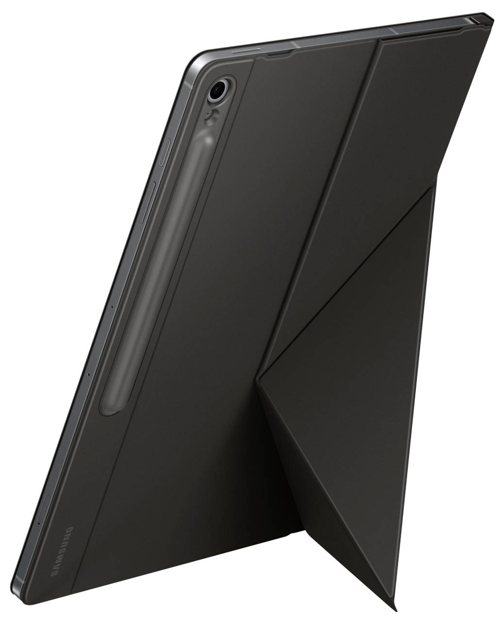 Štíhlý černý tablet je zobrazen s elegantním, úhlovitým pouzdrem přeloženým do podoby stojánku, pohled je veden z boku a zezadu, čímž je zdůrazněn jeho moderní design.