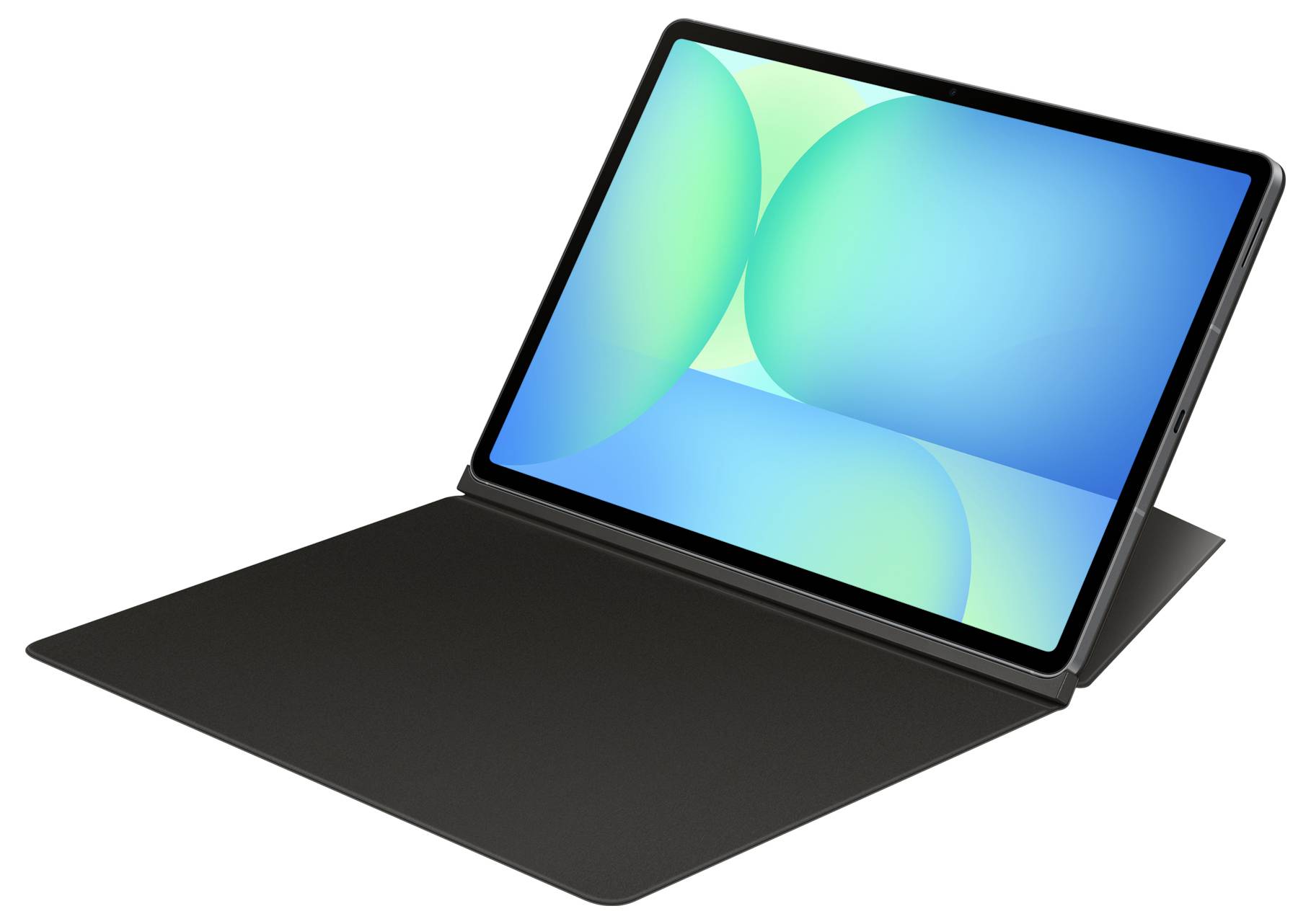 Elegantní tablet s klávesnicovou ochrannou vrstvou, který zobrazuje živý abstraktní umělecký design na obrazovce. Zařízení je mírně nakloněno doprava.