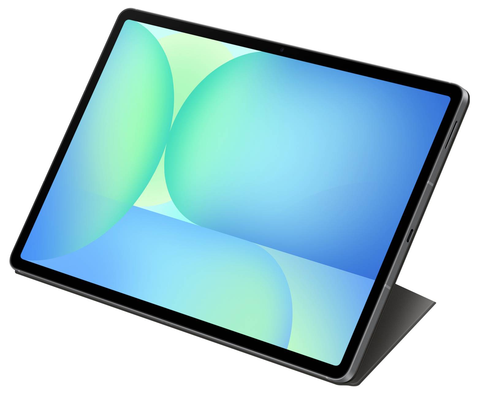 Elegantní tablet s živým modrým a zeleným abstraktním designem na obrazovce, umístěný na černém stojánku, pohled z boku.