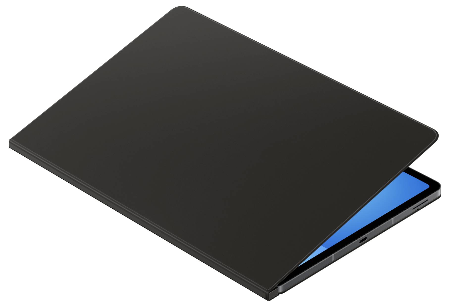 Štíhlý černý notebook s částečně otevřeným víkem, pohled shora odhalující modrou obrazovku a zdůrazňující jeho elegantní design.