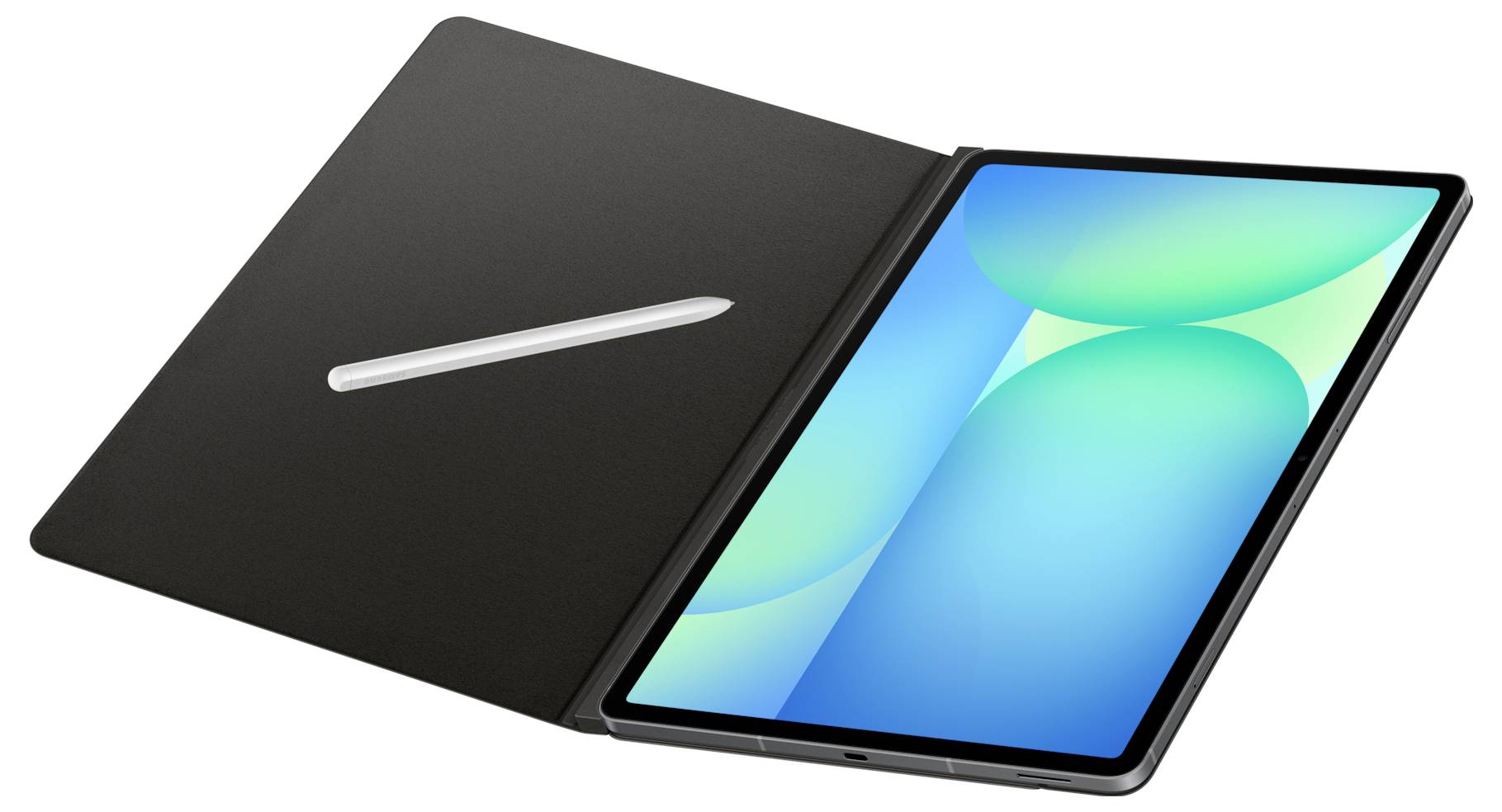 Tablet se stylusem uvnitř otevřeného černého pouzdra; displej zobrazuje barevný abstraktní design v modrých a zelených tónech.