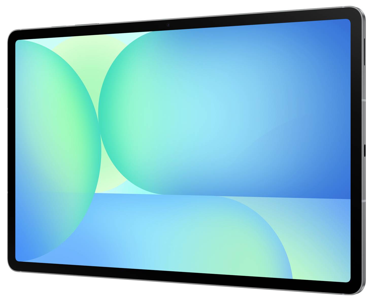 Elegantní, tenký tablet s jasným displejem zobrazujícím abstraktní zelené a modré kruhové motivy na modrém gradientním pozadí.