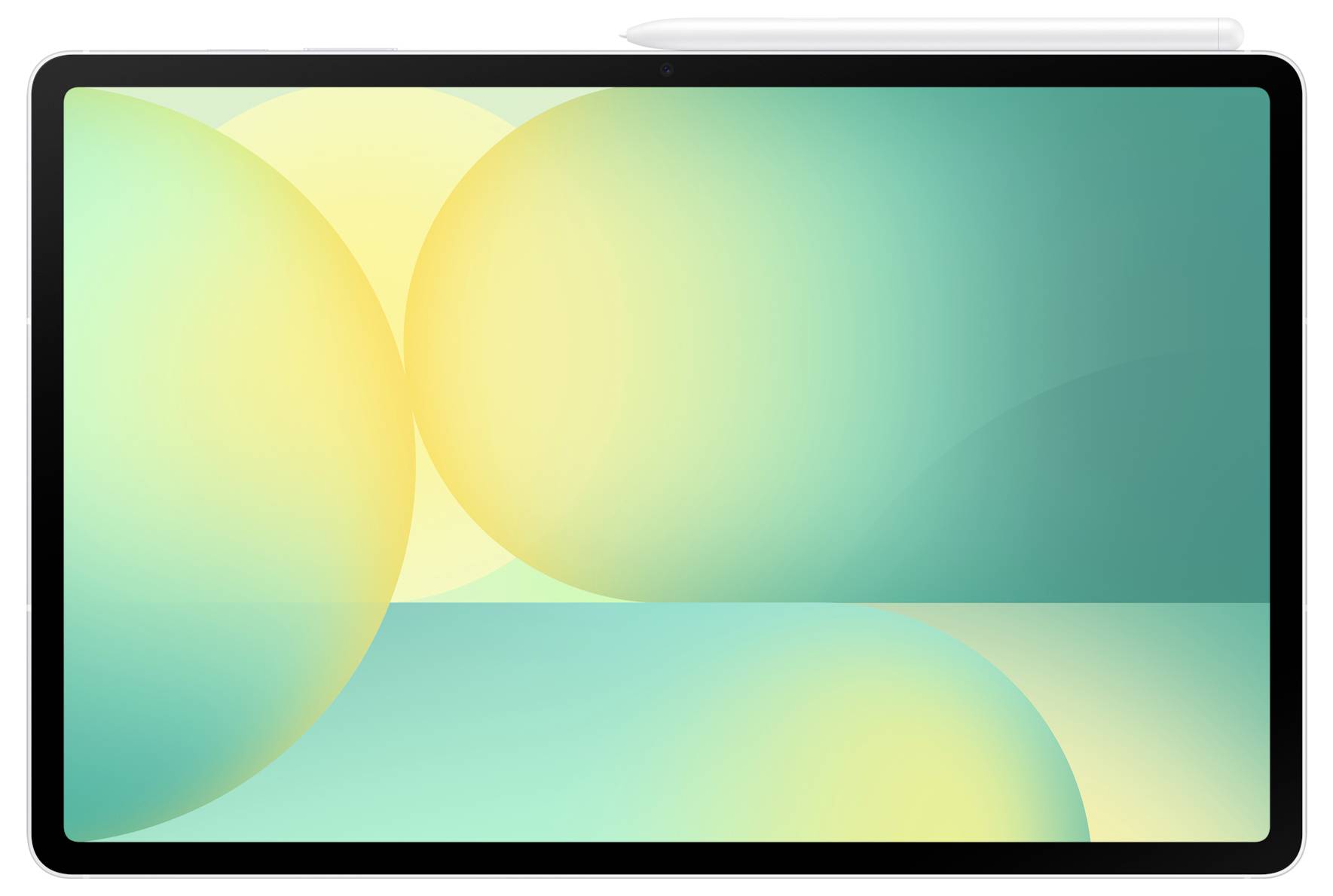 Digitální tablet se stylusem připevněným k hornímu okraji, zobrazující abstraktní, barevný geometrický design na obrazovce.