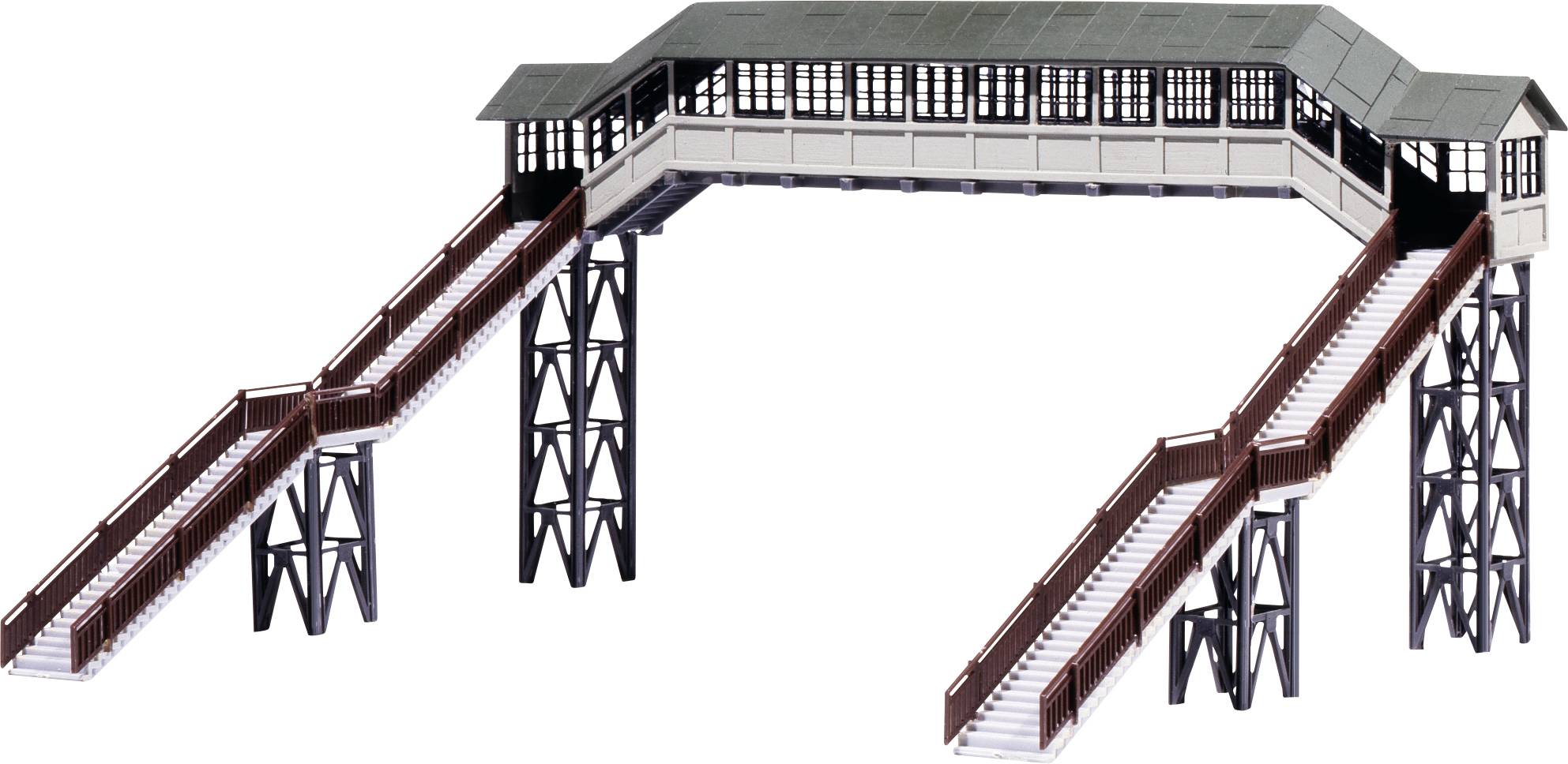Model nadstřešeného pěšího mostu s oboustranným schodištěm. Struktura kombinuje černé a červené detaily.