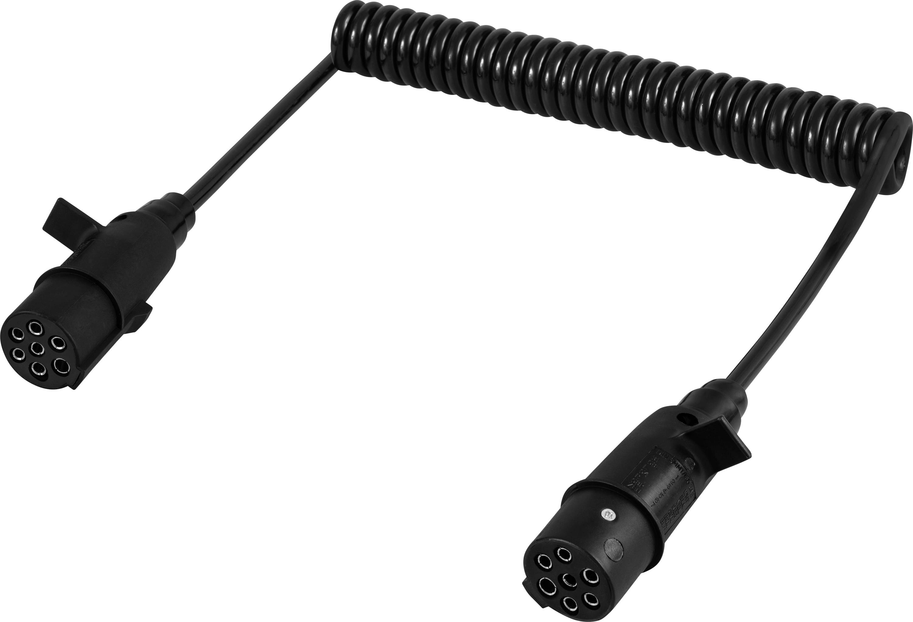 Černý, spirálovitý kabel s kulatými vícepólovými konektory na obou koncích, typicky používaný pro propojení elektronických zařízení.