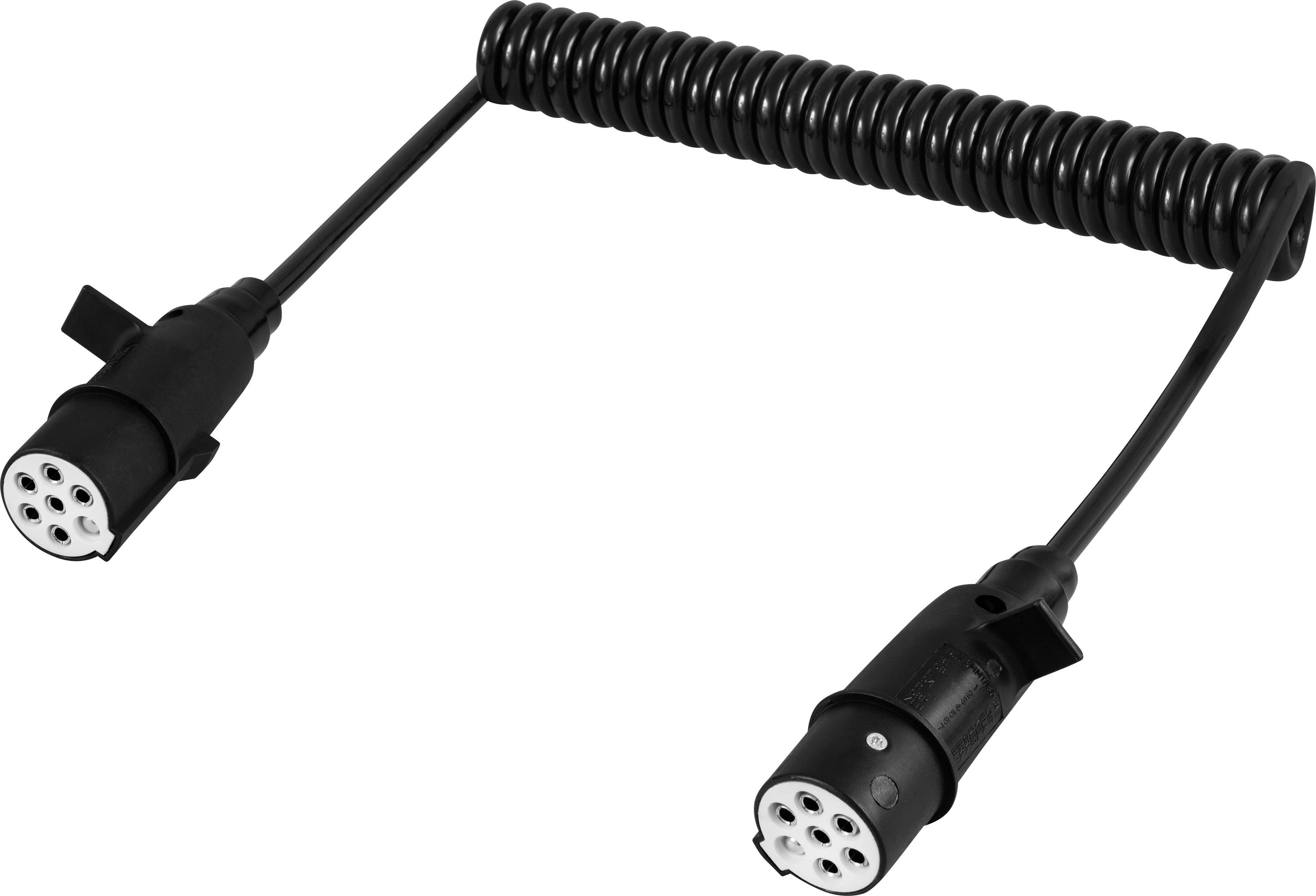 Černý spirálovitý nabíjecí kabel se dvěma konektory na koncích, používaný pro nabíjení elektrických vozidel.