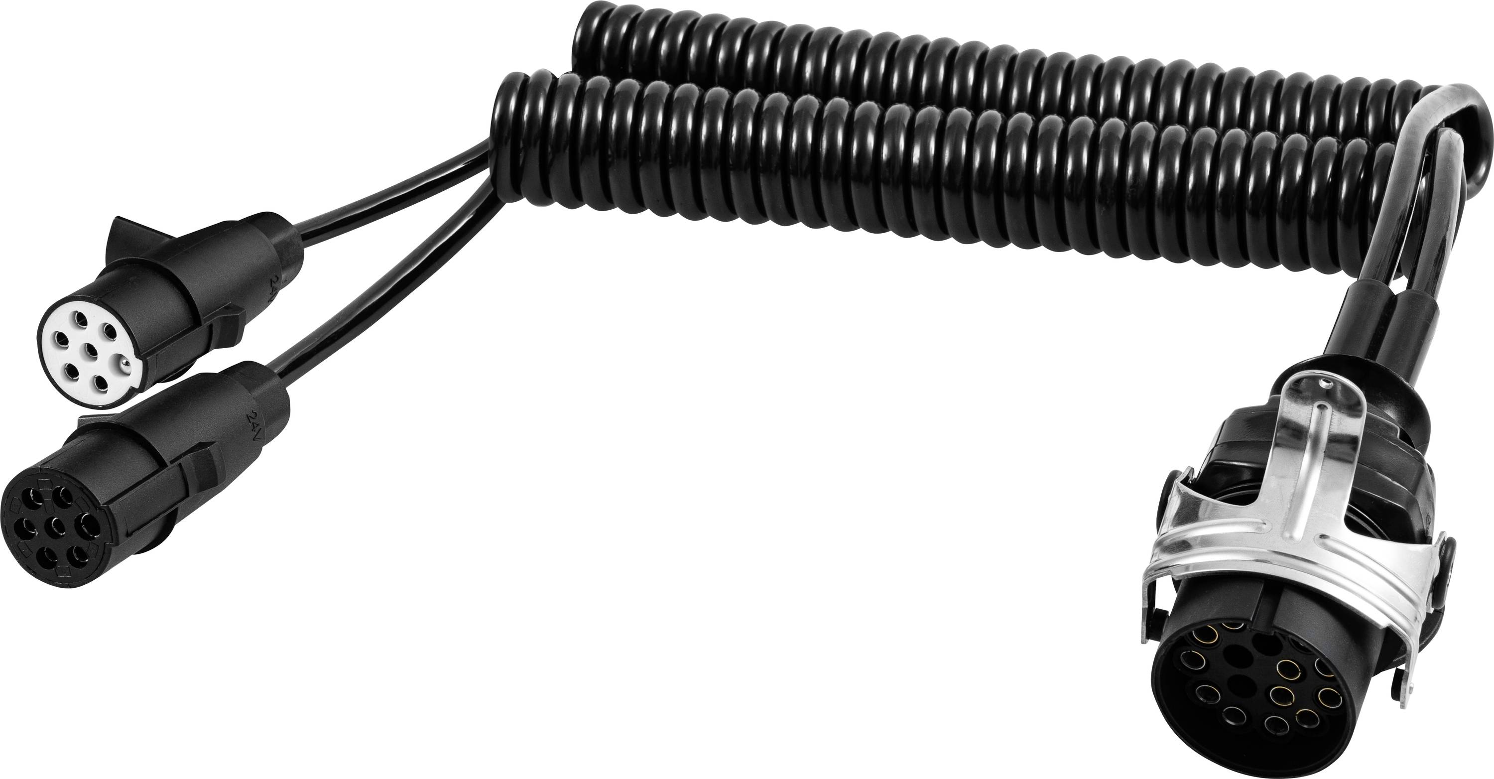 Černý spirálový kabel s několika konektory, včetně 13-pólové přípojky pro přívěs a dvou menších adaptérů, na bílém pozadí.