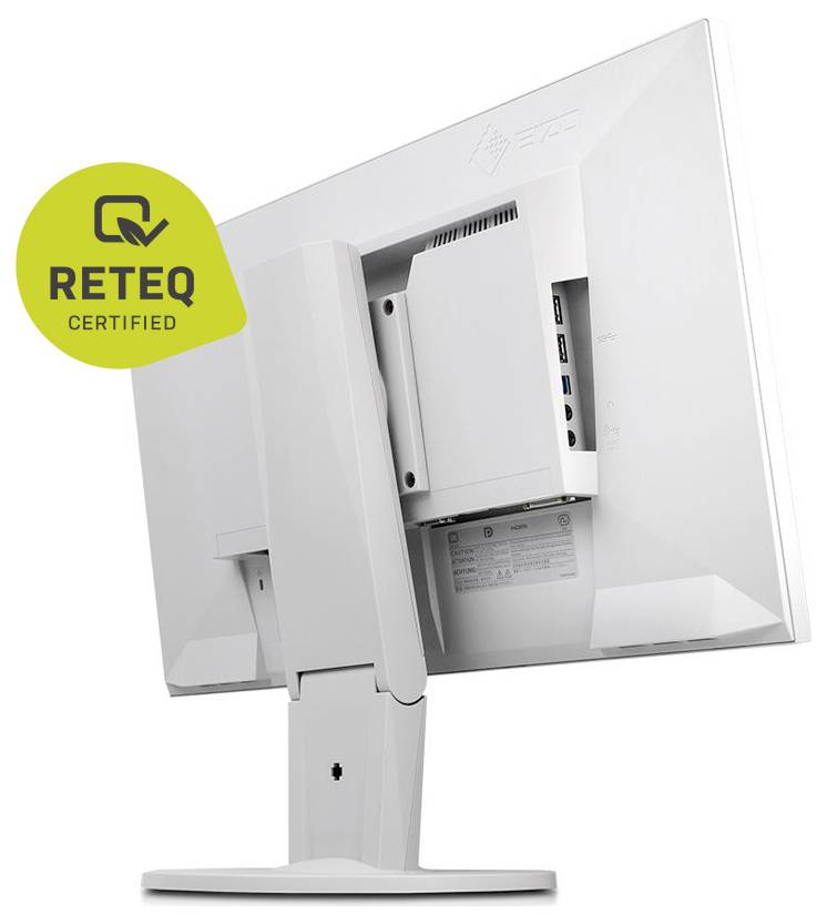 Pohled zezadu na bílý monitor s certifikačním logem Reteq v levém horním rohu. Monitor je umístěn na nastavitelném stojanu.