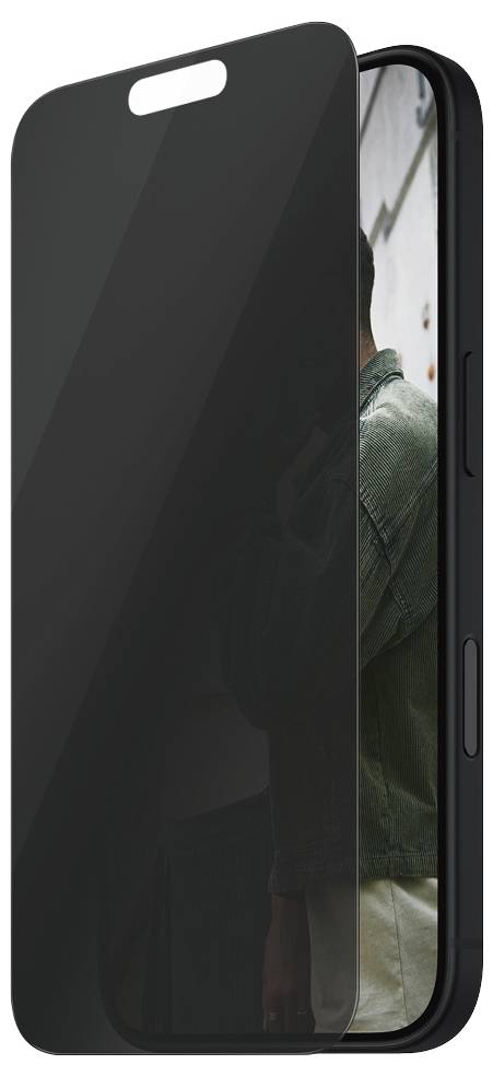 Mobilní telefon s tmavě zabarveným displejem, z poloviny zasunutý do černého obalu, který částečně zachycuje osobu v zelené bundě.