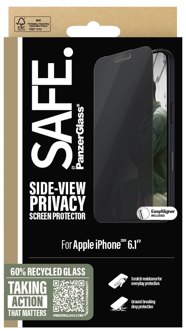 'Bezpečná ochranná fólie PanzerGlass pro soukromí s pohledem z boku pro Apple iPhone 6,1". Obsahuje 60% recyklovaného skla.'