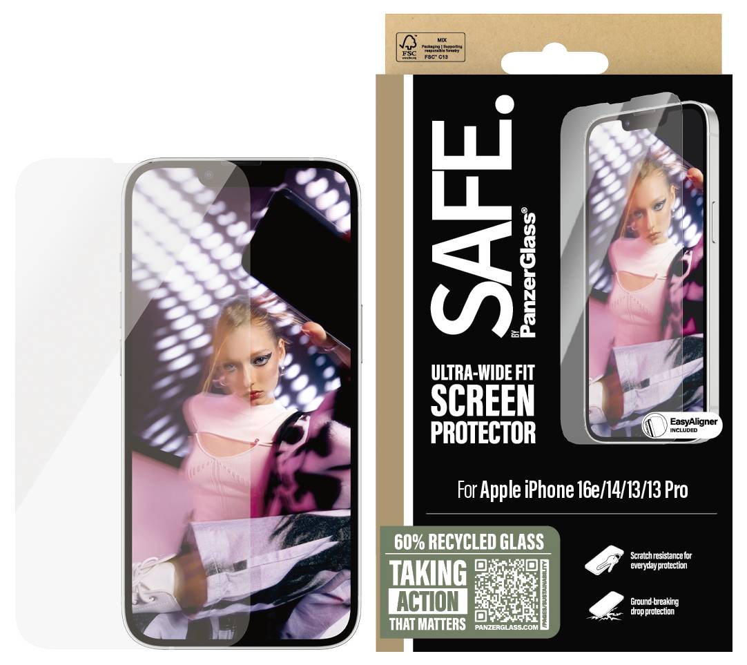 Ochranné sklo displeje z recyklovaného skla pro iPhone 16e/14/13/13 Pro. Balení s nápisem 'SAFE PanzerGlass'.