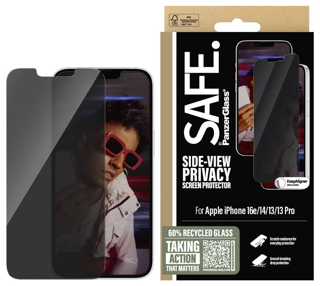Bezpečné. PanzerGlass SIDE-VIEW PRIVACY ochranné sklo na displej pro Apple iPhone 16e/14/13/13 Pro, zobrazuje černý filtr obrazovky a balení.