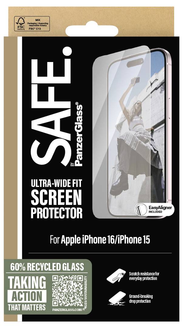 'BEZPEČNÉ. PanzerGlass ULTRA-WIDE FIT OCHRANNÉ SKLO' pro Apple iPhone 16/15. Obsahuje 60% recyklovaného skla. Obrázek zobrazuje ženu na displeji mobilního telefonu.