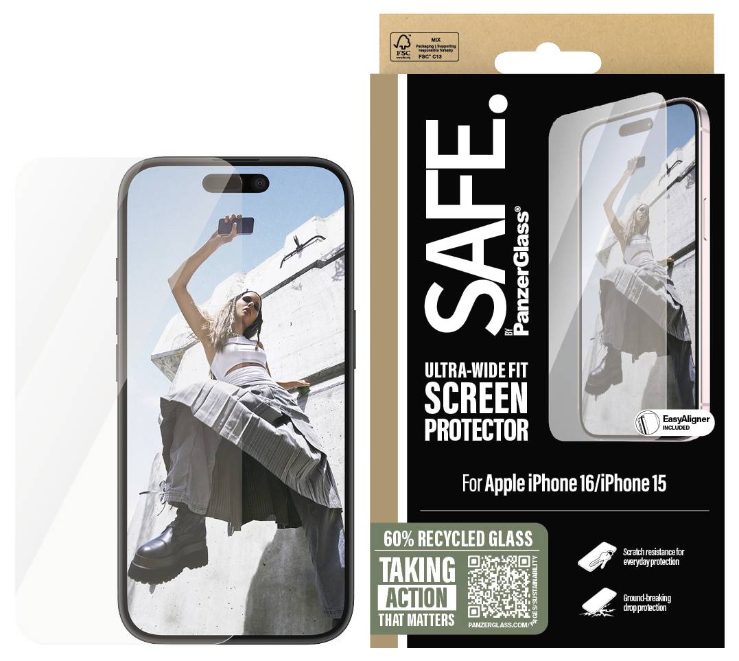 'BEZPEČNÉ. Ochranné sklo PanzerGlass Ultra-Wide Fit pro displej.' Obal a produkt k vidění, včetně textu 'Pro Apple iPhone 16/iPhone 15'.