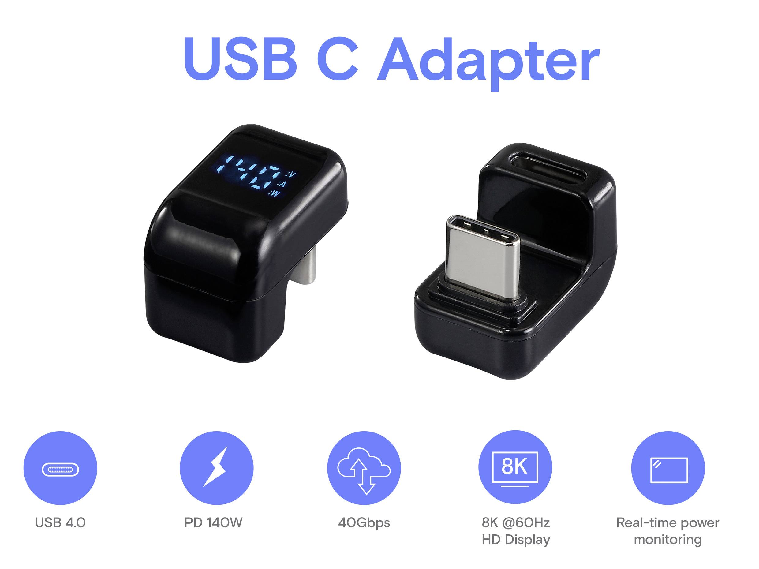 Dva černé USB-C adaptéry s displejem, označené 'USB 4.0', 'PD 140W', '40Gbps', '8K @60Hz HD Display' a 'Monitorování napájení v reálném čase'.