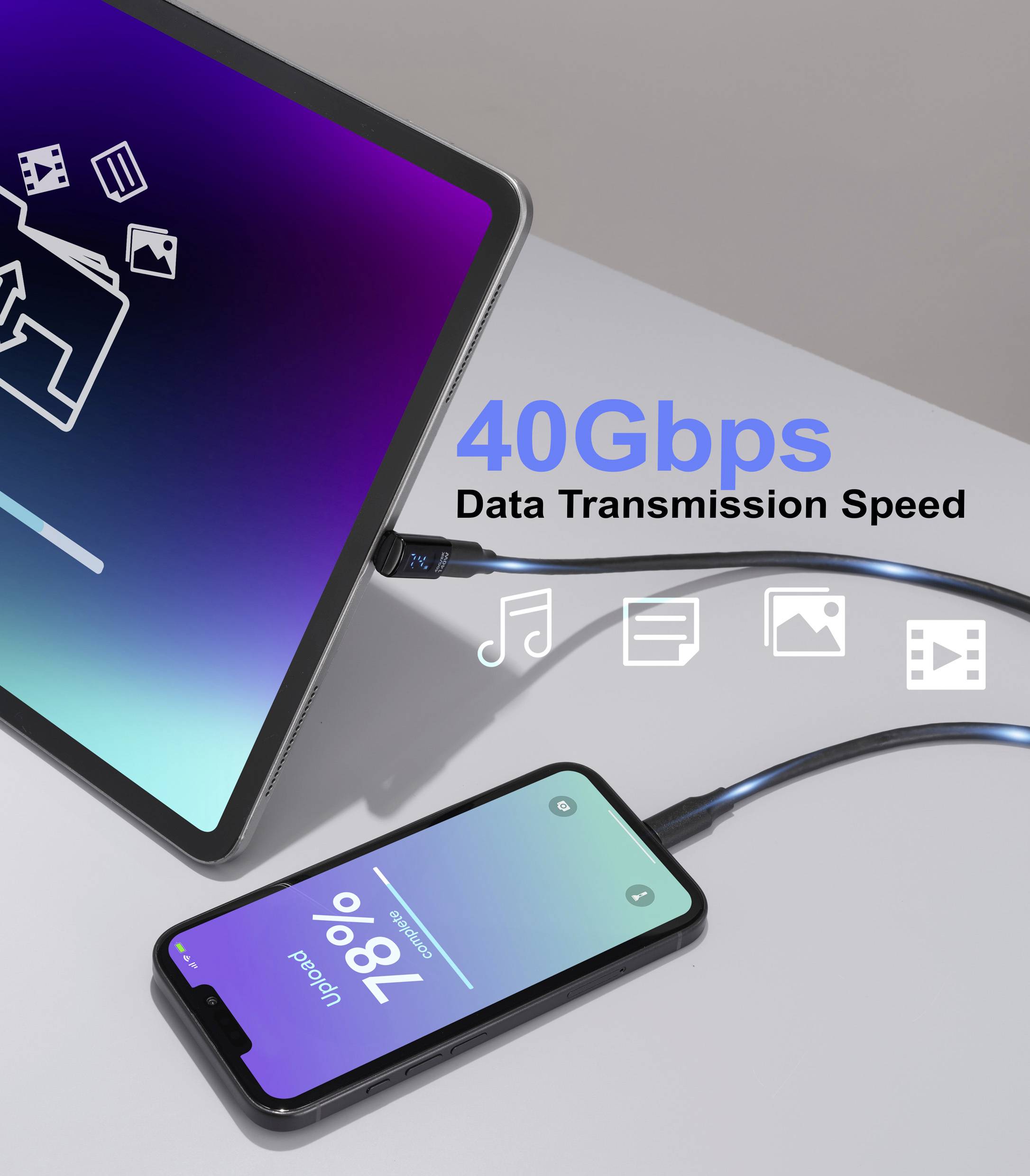 Tablet a smartphone propojené kabelem, na kterých je zobrazeno '40Gb/s přenosová rychlost dat' s ikonami dokumentů, hudby a nabíjení.