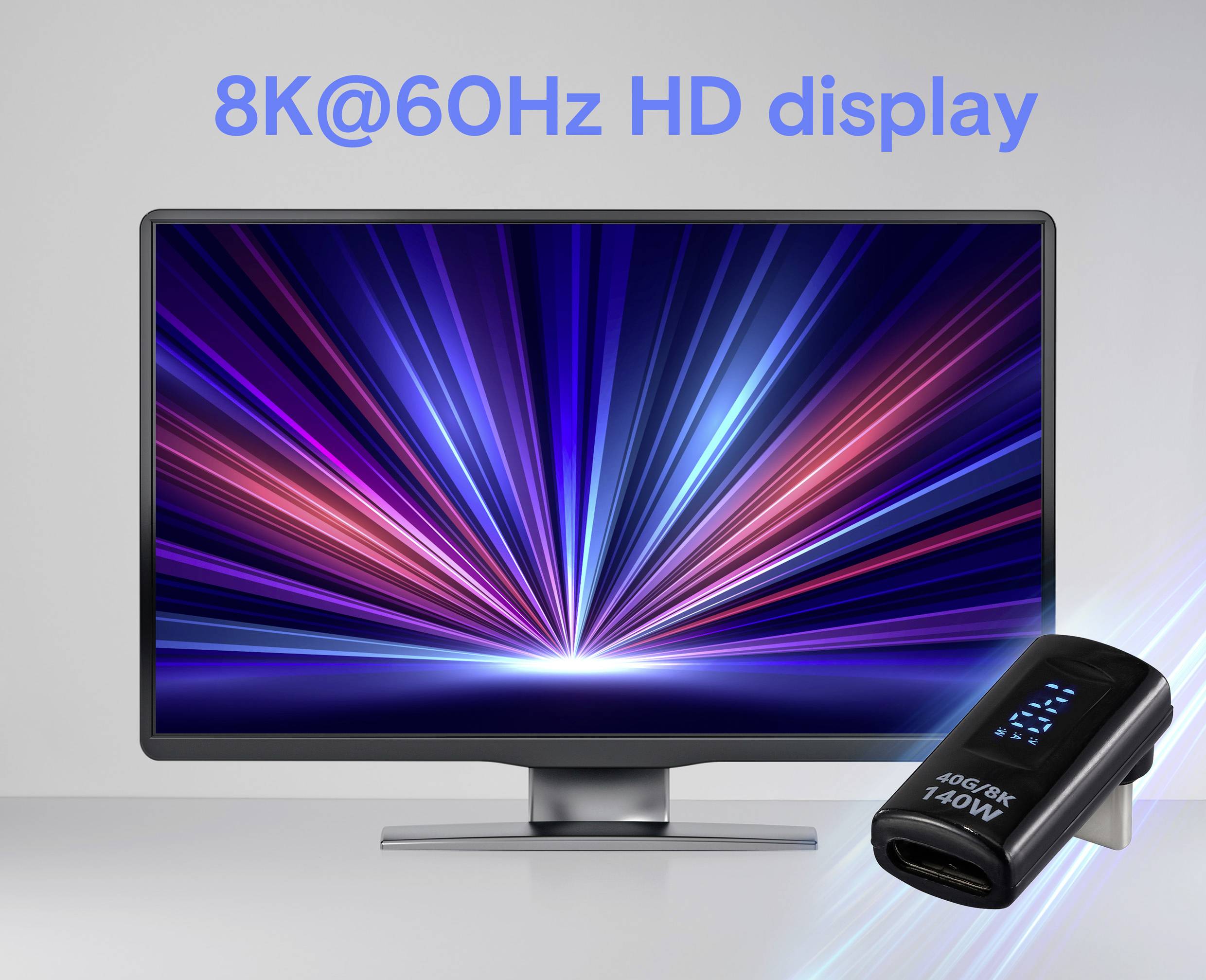 Velký monitor zobrazující nápis '8K@60Hz HD displej' nad ním, s barevnými světelnými paprsky na obrazovce a malým černým adaptérem poblíž.