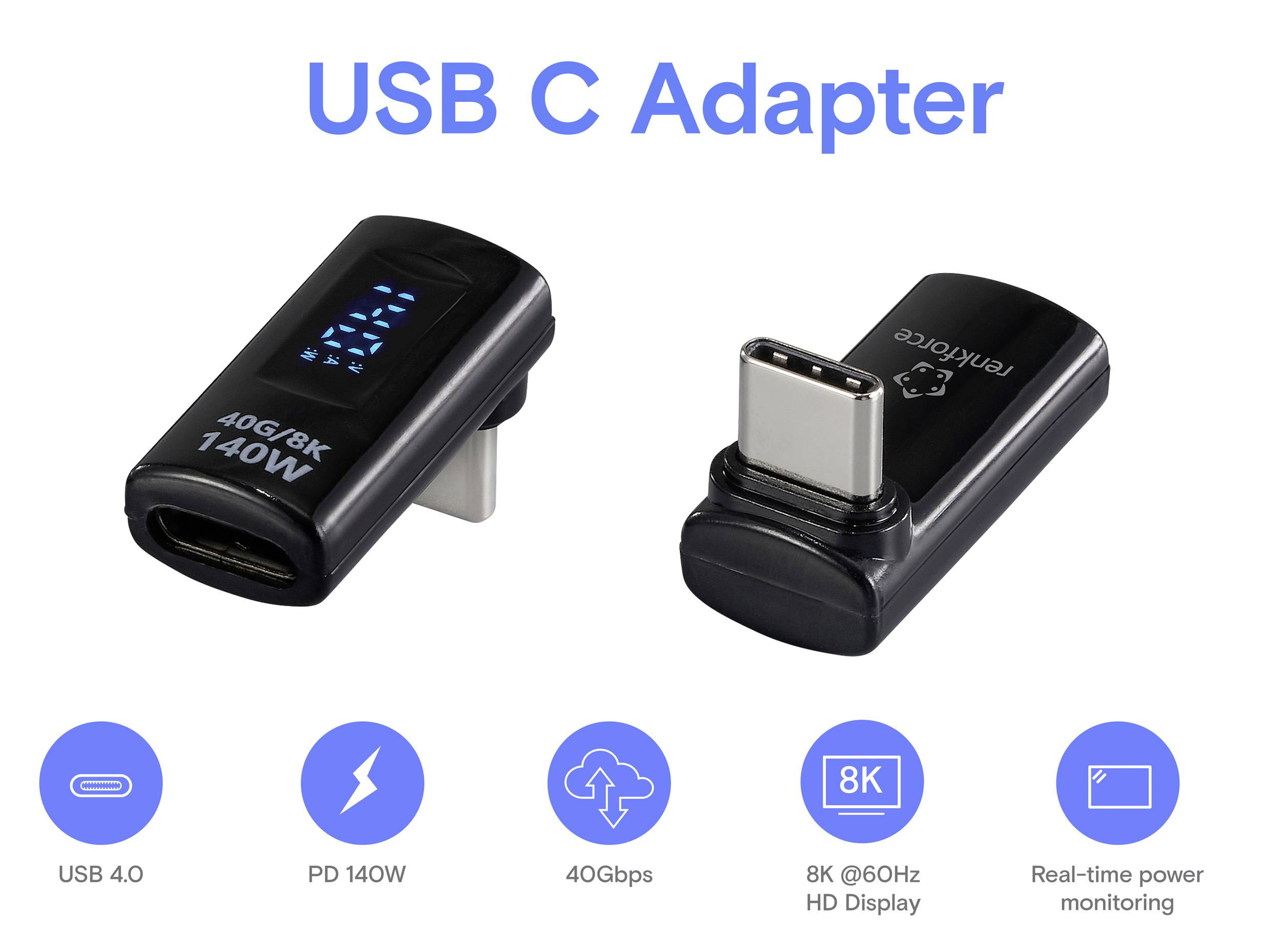 USB C adaptér s dvěma adaptéry. Vlevo: Označen jako 'AOG6X 140W', USB 4.0, PD 140W, 40Gbps. Vpravo: Podpora 8K @60Hz, monitorování napájení.
