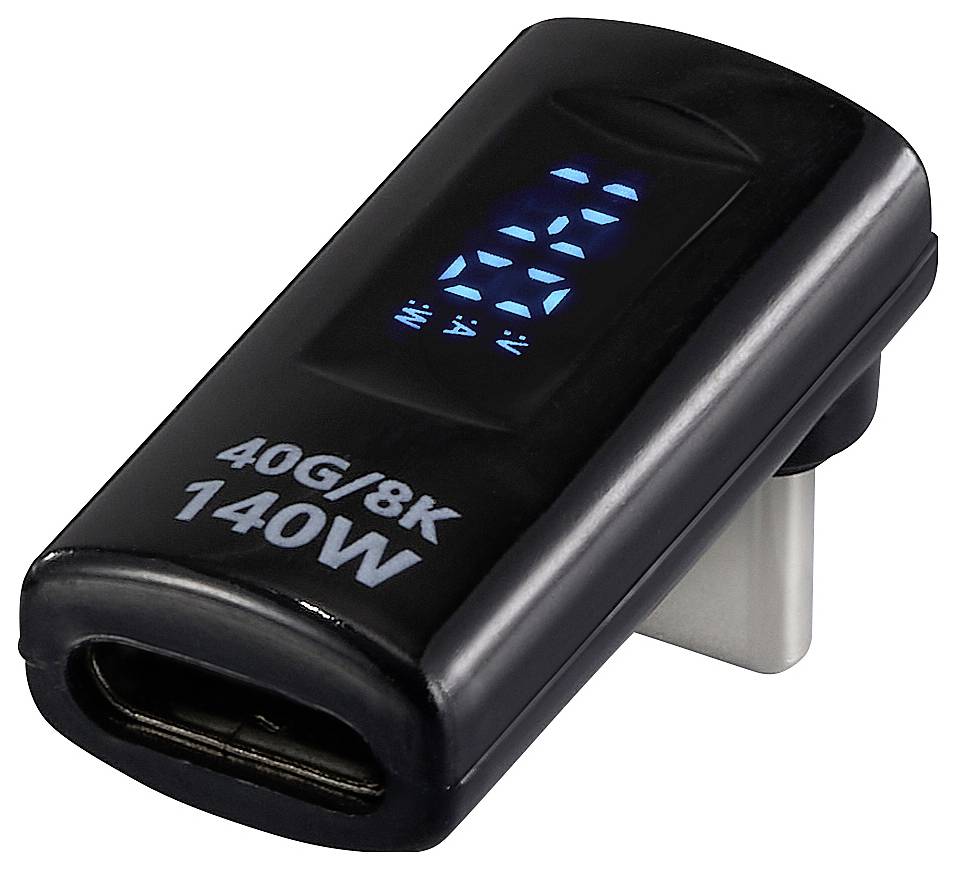 Černý USB-C napájecí adaptér s digitálním displejem zobrazujícím stav nabíjení. Na boku je vytištěn text „40G/8K 140W".