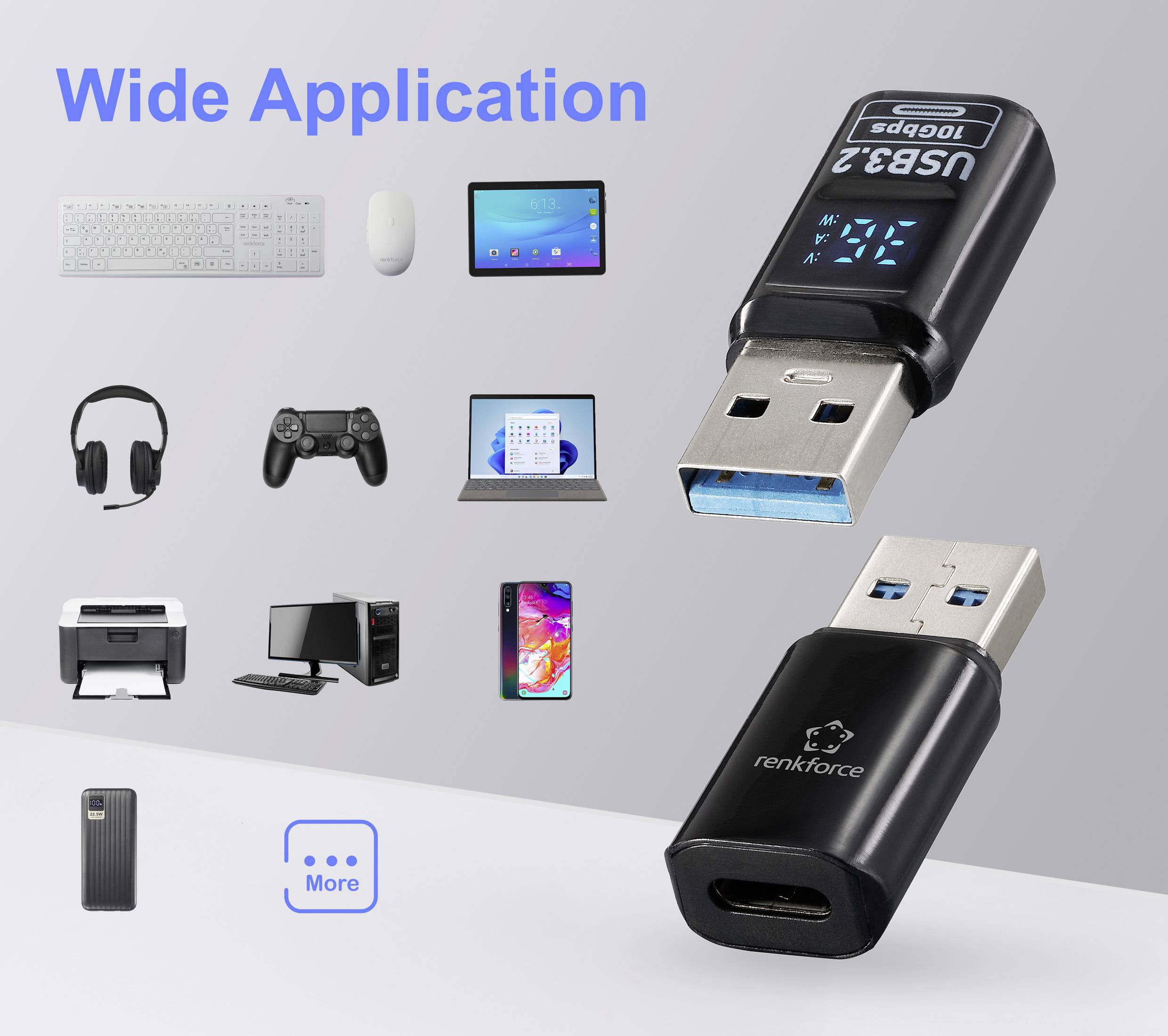 Adaptér USB 3.2 s konverzí z Type-C na USB-A, vhodný pro zařízení jako jsou klávesnice, ovladače, tiskárny a smartphony.