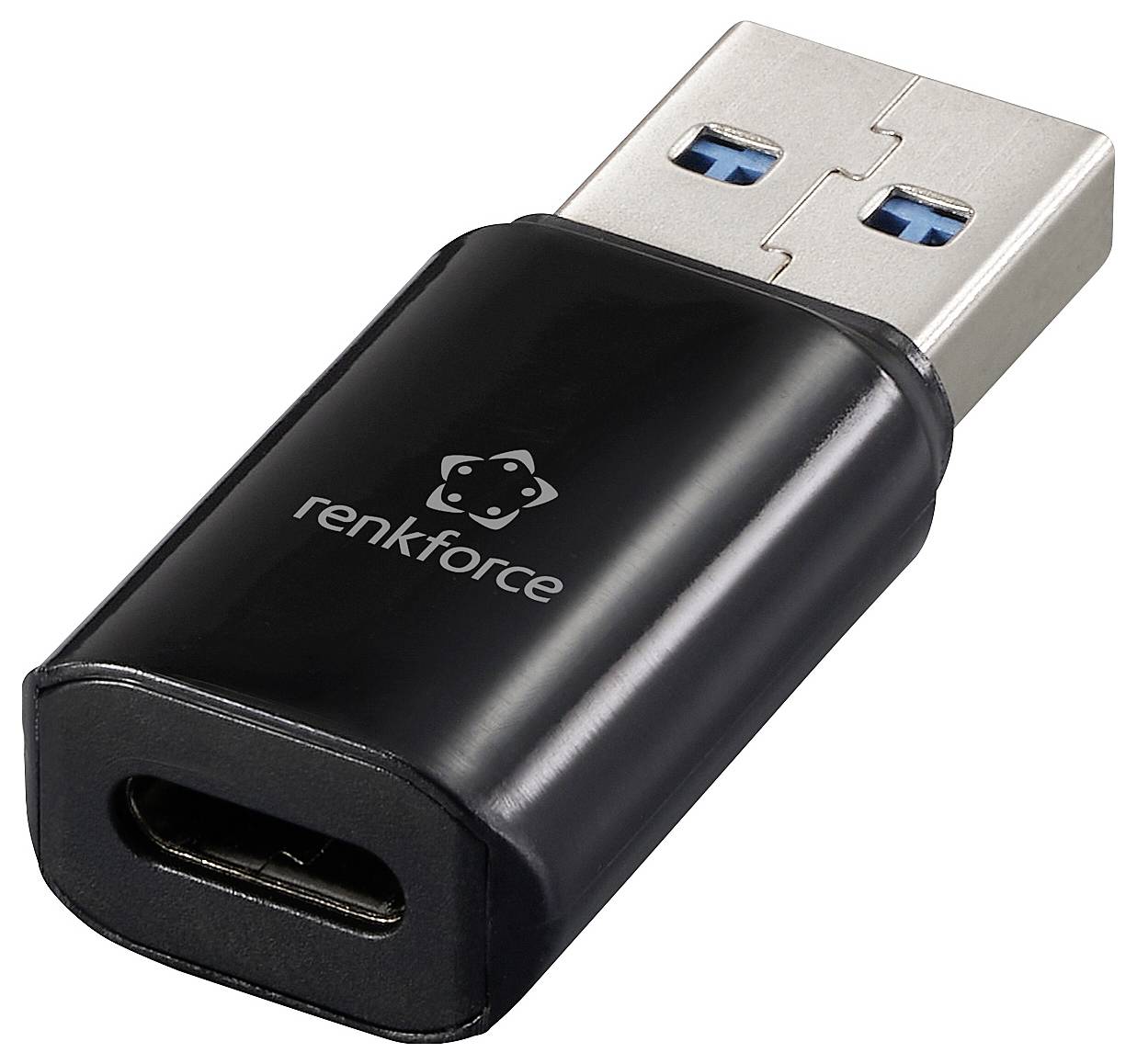 Adaptér z USB Type-C na USB 3.0 od společnosti Renkforce s kompaktním černým designem.