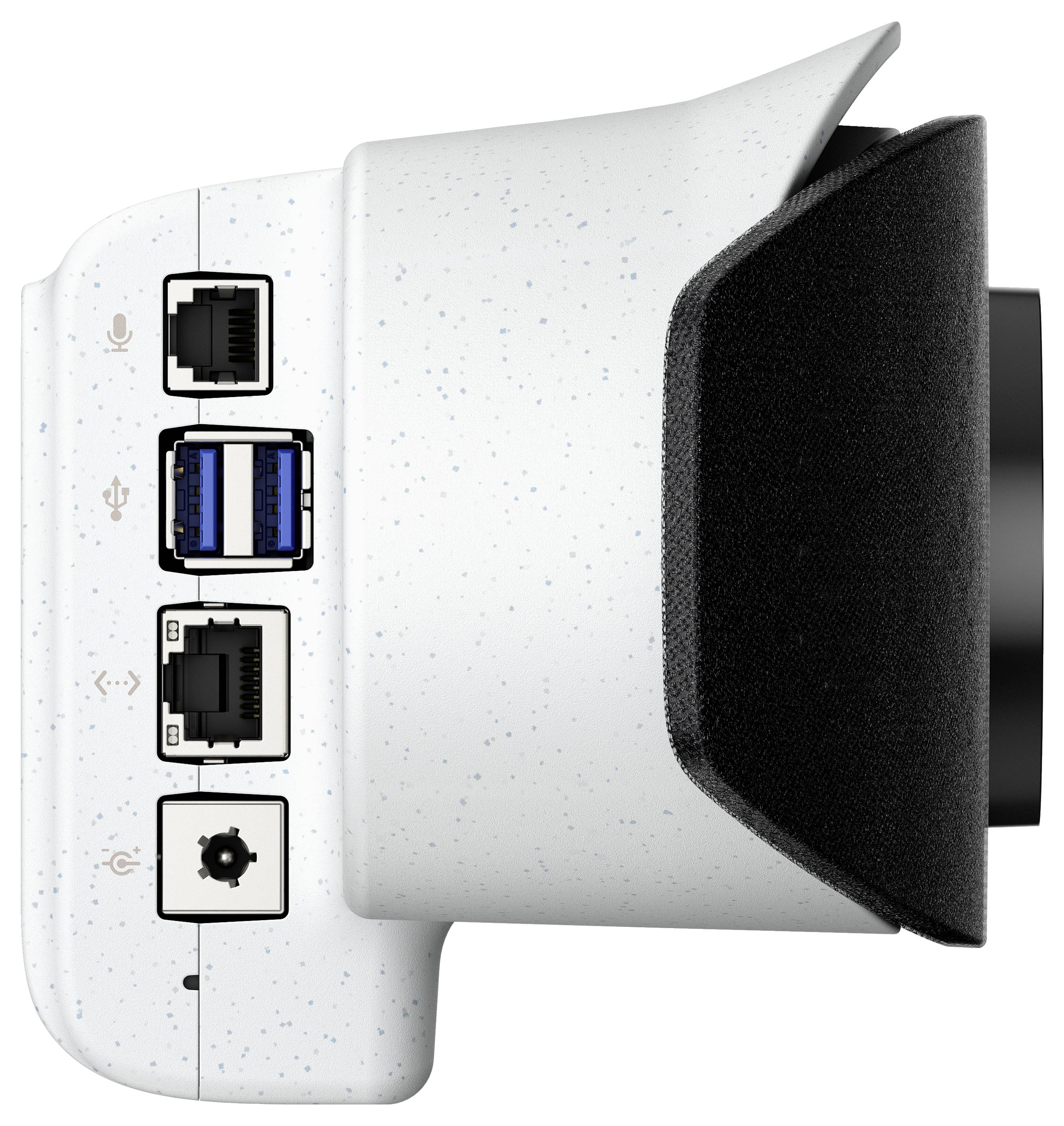 Obrázek ukazuje konektory kamery: mikrofon, USB, dva ethernetové porty a síťovou přípojku. Pouzdro je bílé s modrými skvrnami.